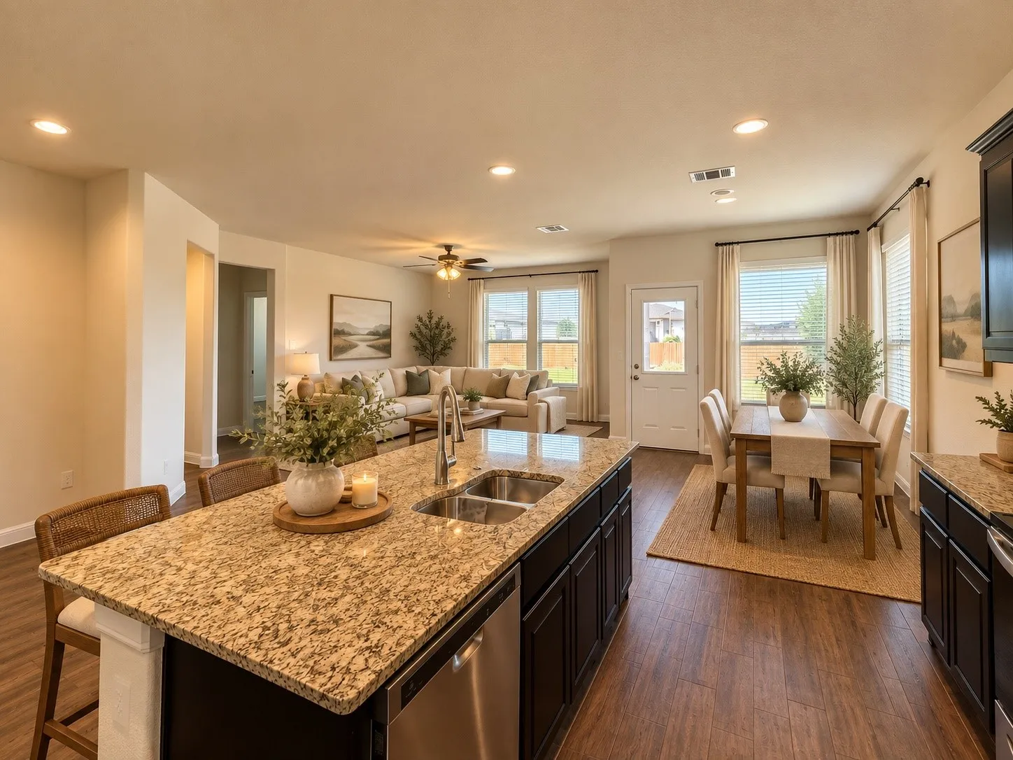 Expansive kitchen island with a double basin sink and integrated dishwasher