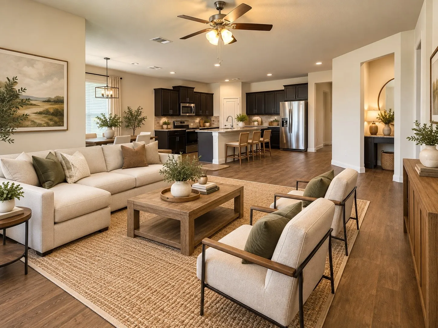Open-concept living space featuring wood-finish flooring, recessed lighting, and a ceiling fan