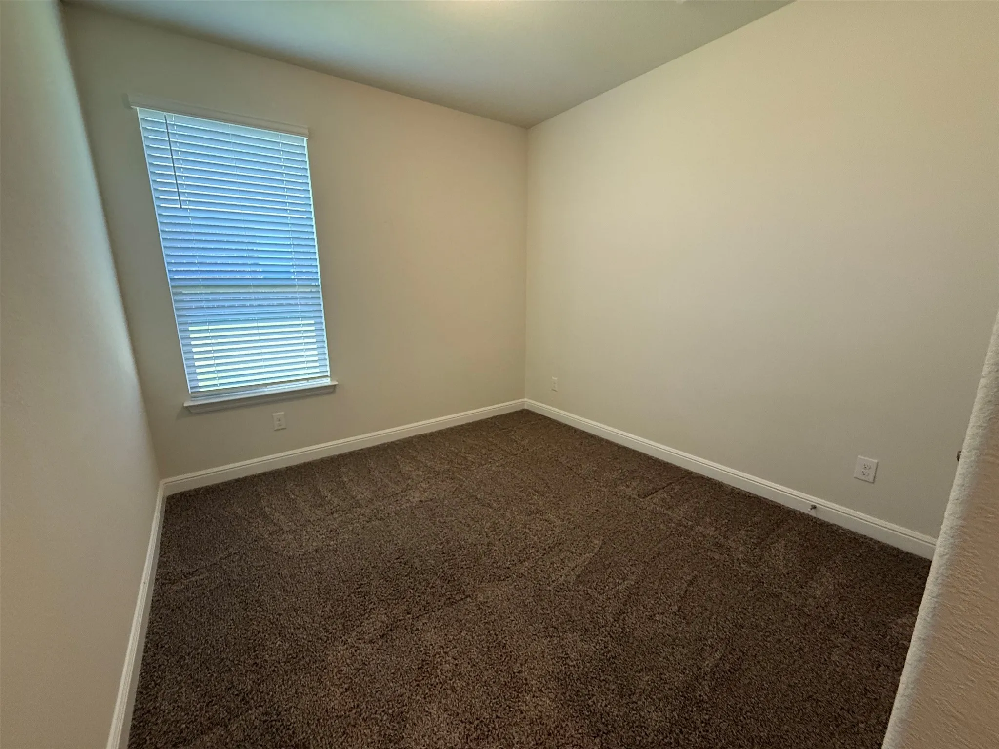 Neutral wall paint, window with blinds, and brown carpeting