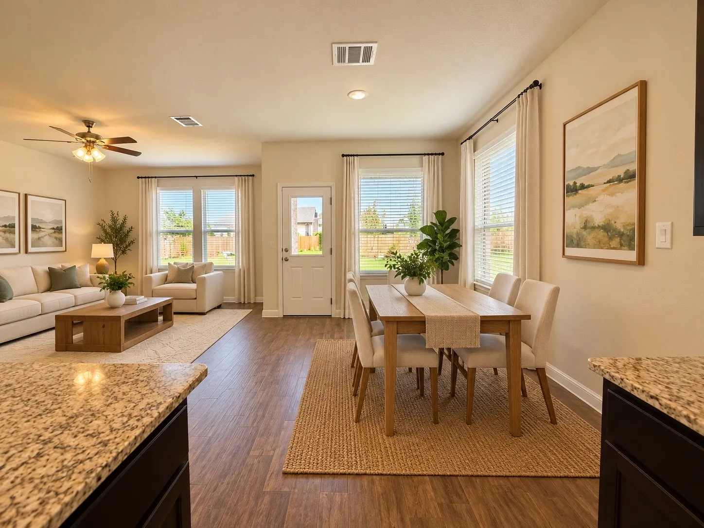 Open-concept living area with wood-finish flooring, recessed lighting, and ample natural light