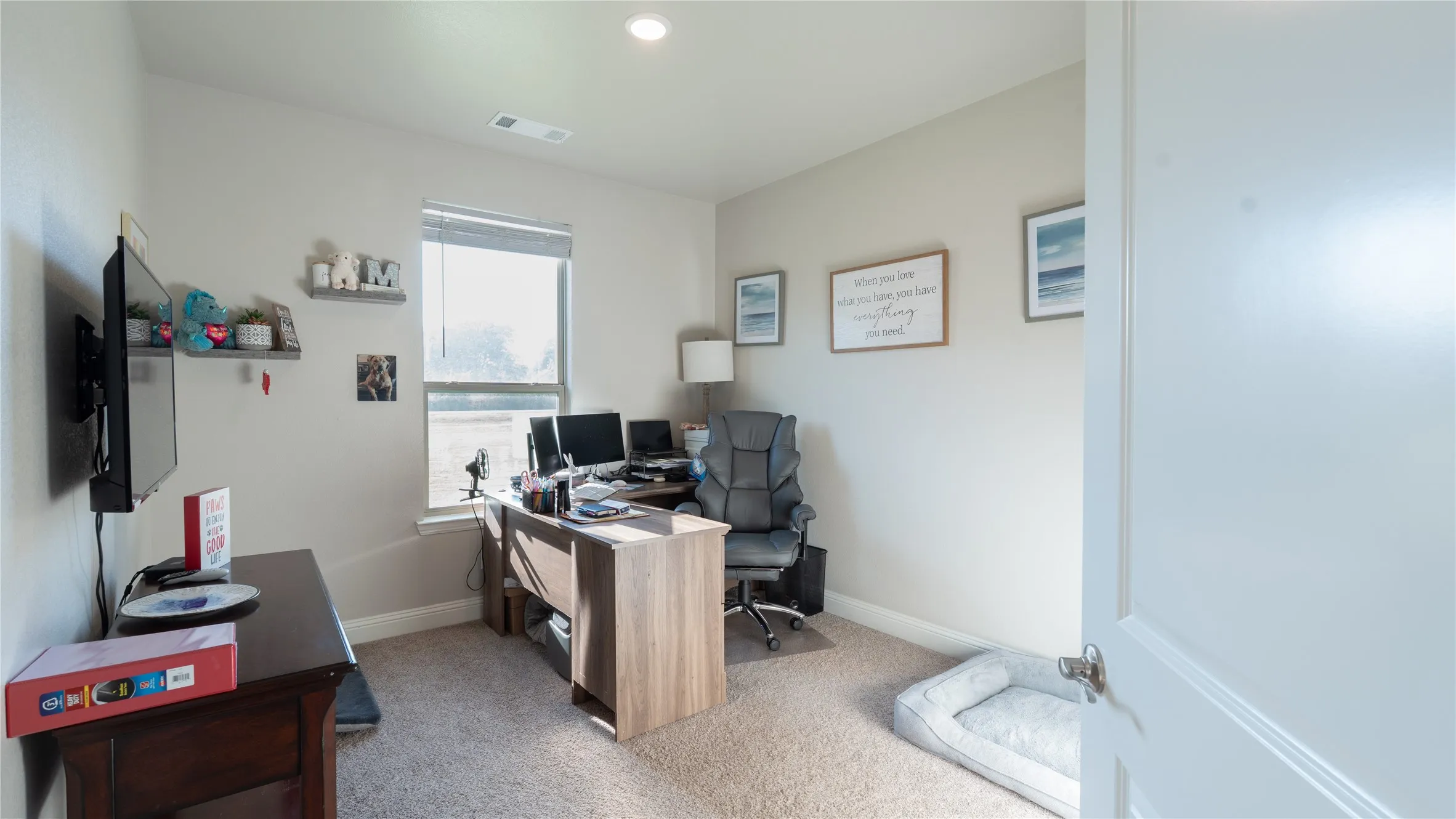 Recessed lighting, wall-mounted shelving, and carpeted flooring