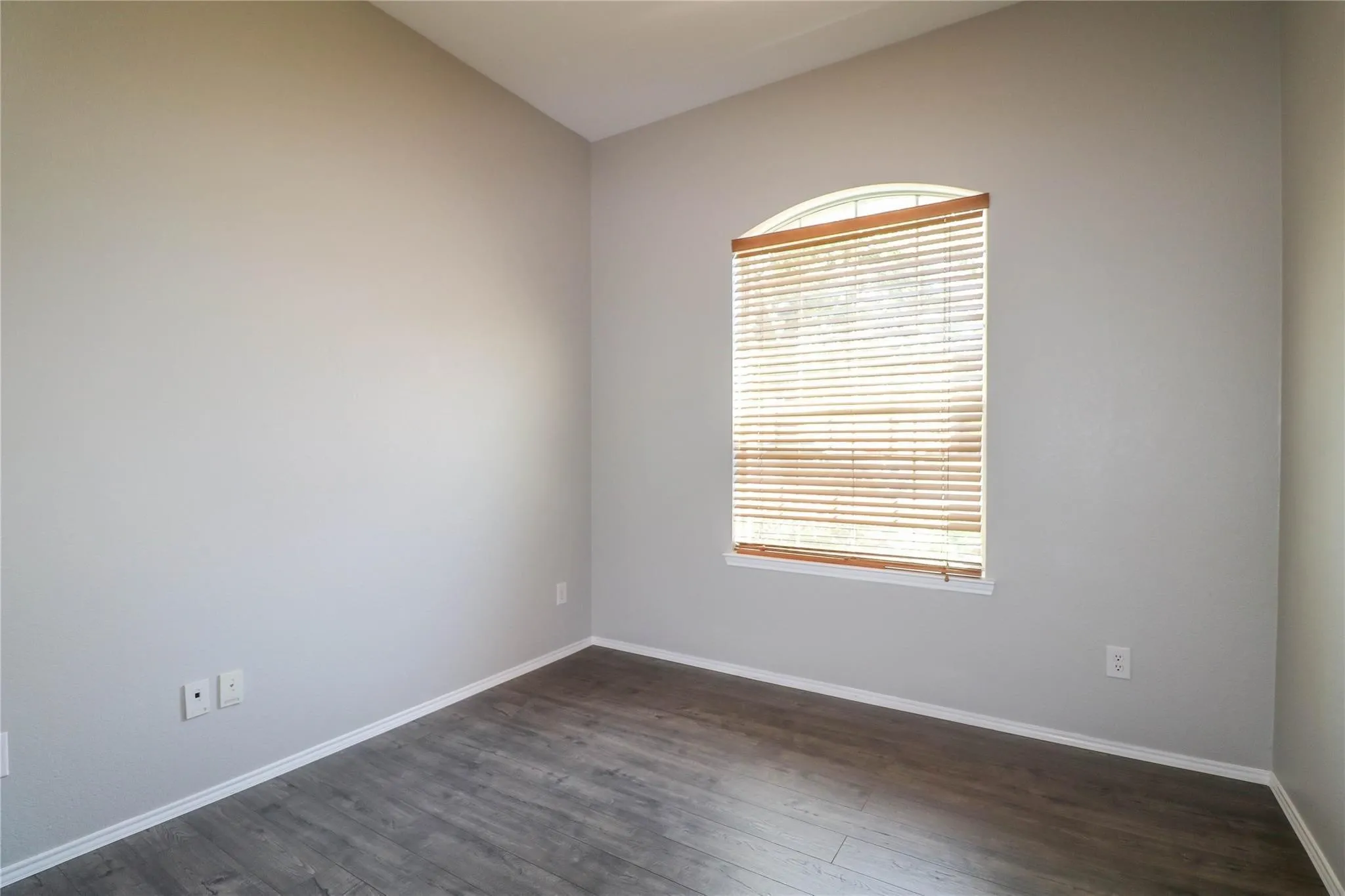 Arch-top window with blinds, light gray wall paint, and wood-finish flooring