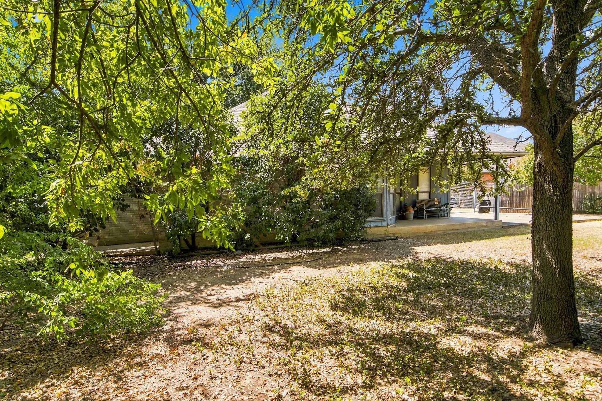 Shaded backyard with established trees, concrete patio, and privacy fencing
