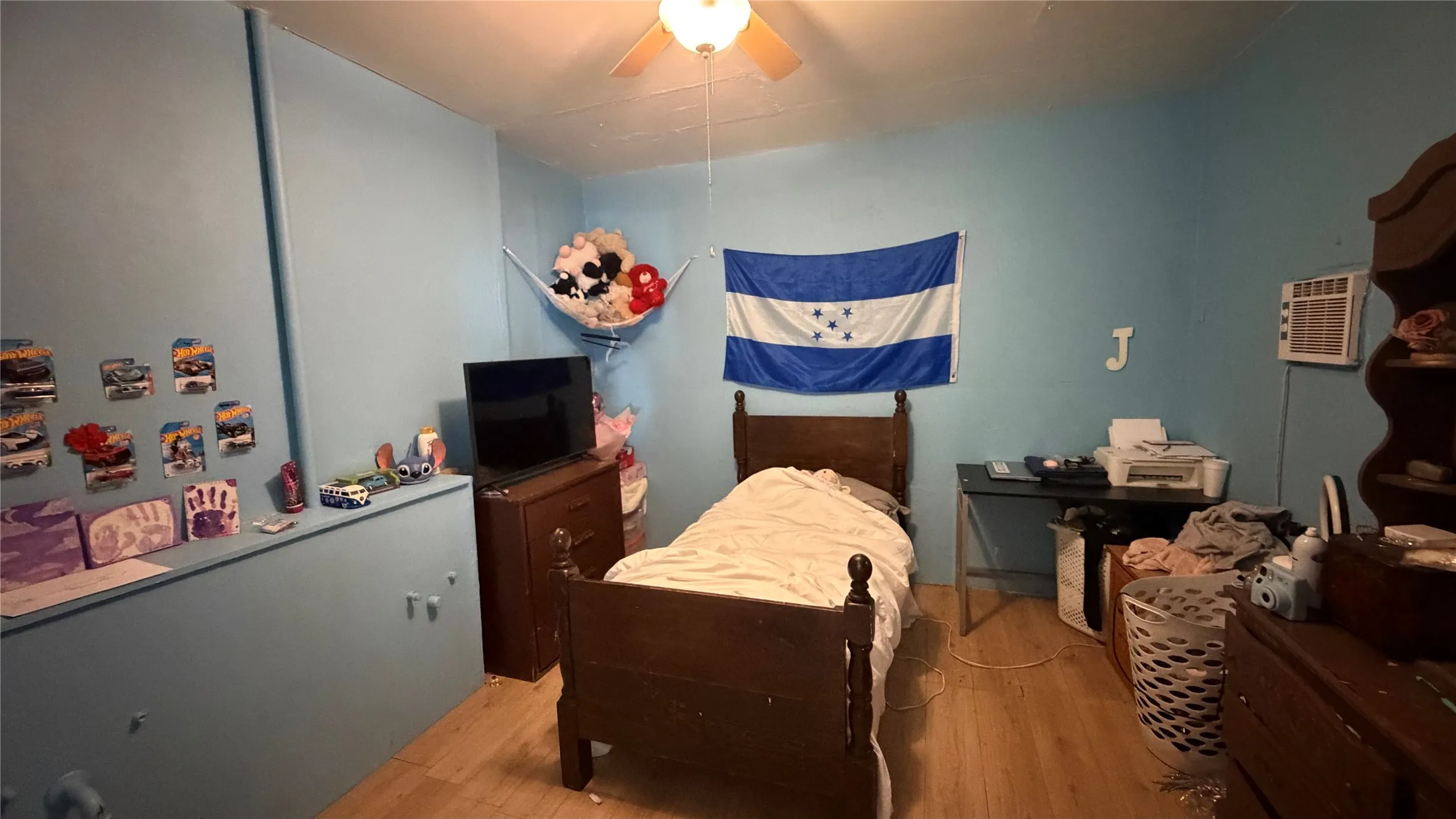 Wood-finish flooring, ceiling fan, and window air conditioning unit