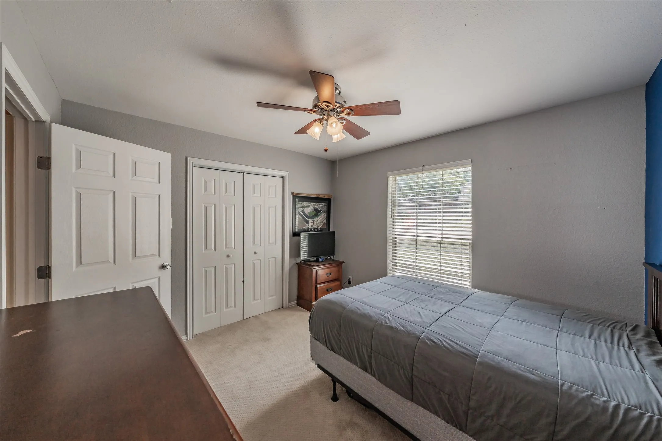 Wall-to-wall carpeting, window with blinds, ceiling fan with light fixture, and bifold closet doors