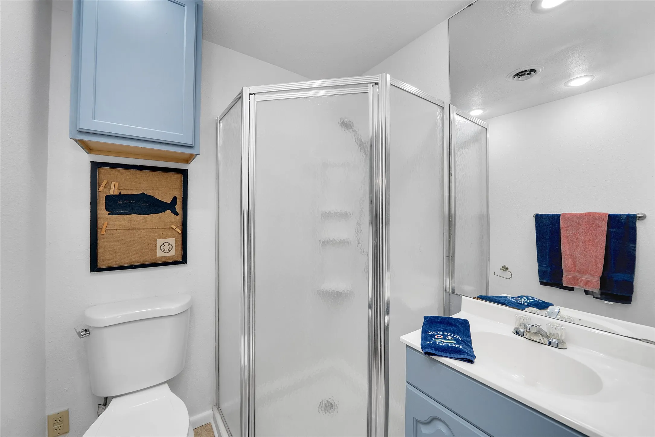 Shower enclosure with frosted glass panels, single vanity with integrated sink, and wall-mounted cabinetry