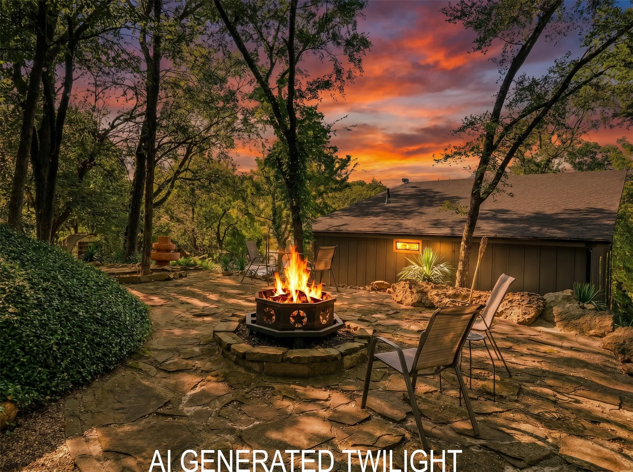 Stone patio featuring a fire pit, surrounded by mature trees and landscaping