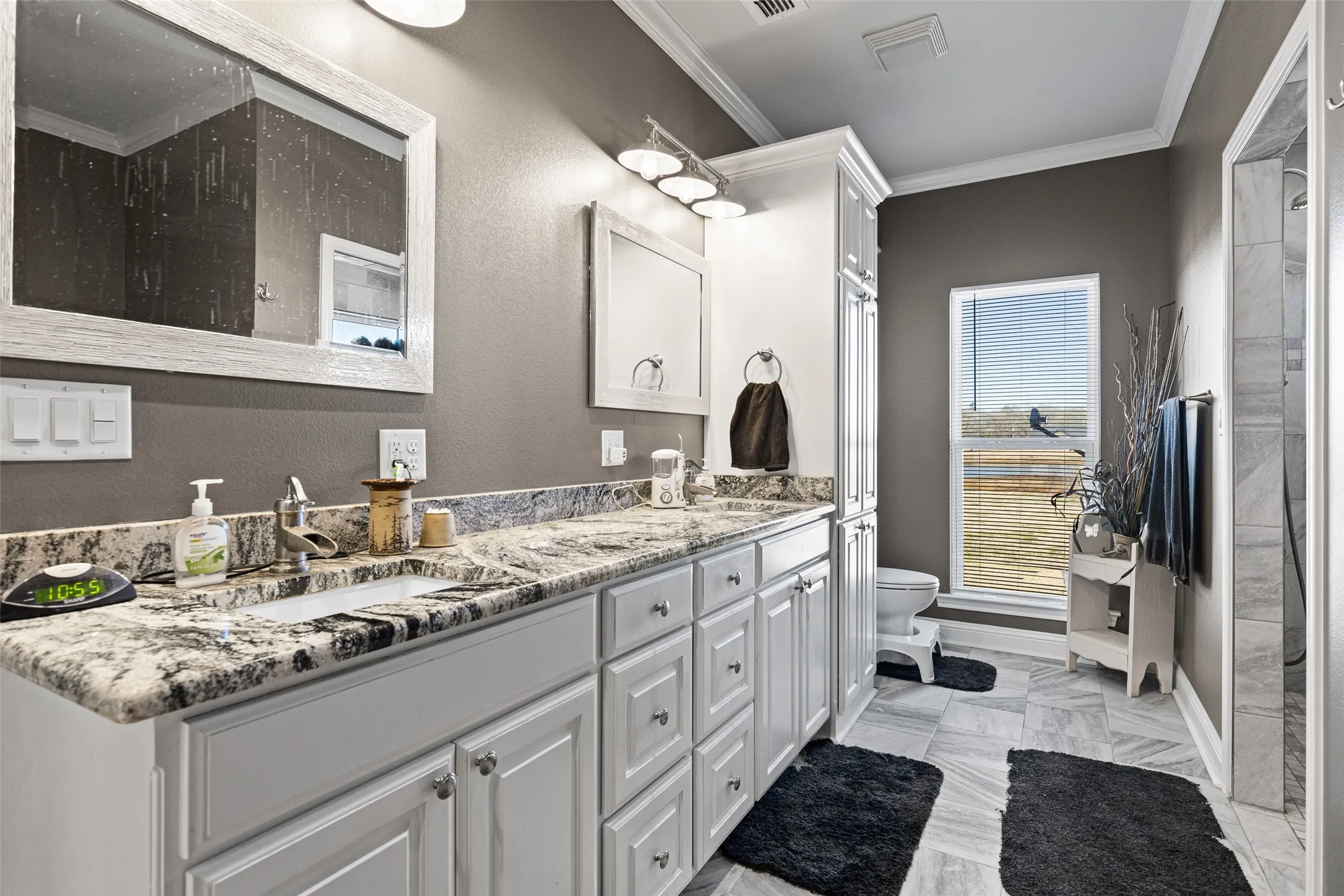Bathroom featuring vanity, crown molding, and toilet