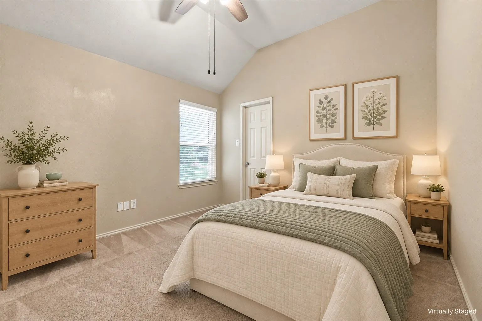 Vaulted ceiling, ceiling fan, window with blinds, paneled interior door, and carpet flooring