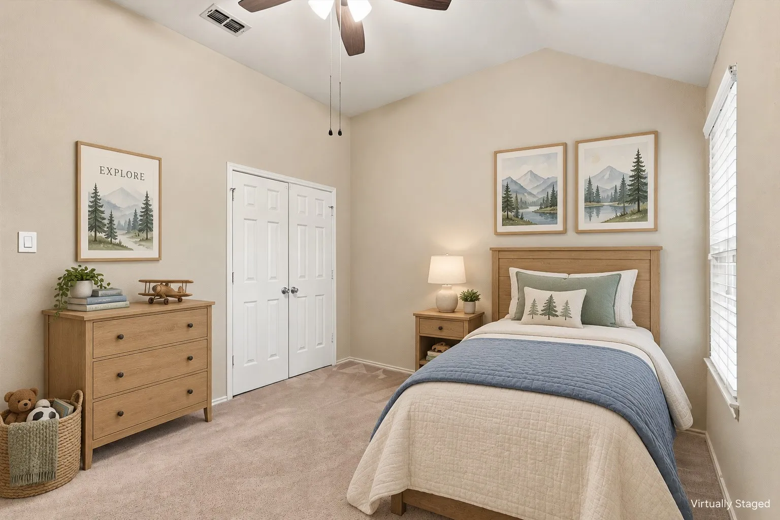 Vaulted ceiling with a ceiling fan, carpeted flooring, and a window with blinds