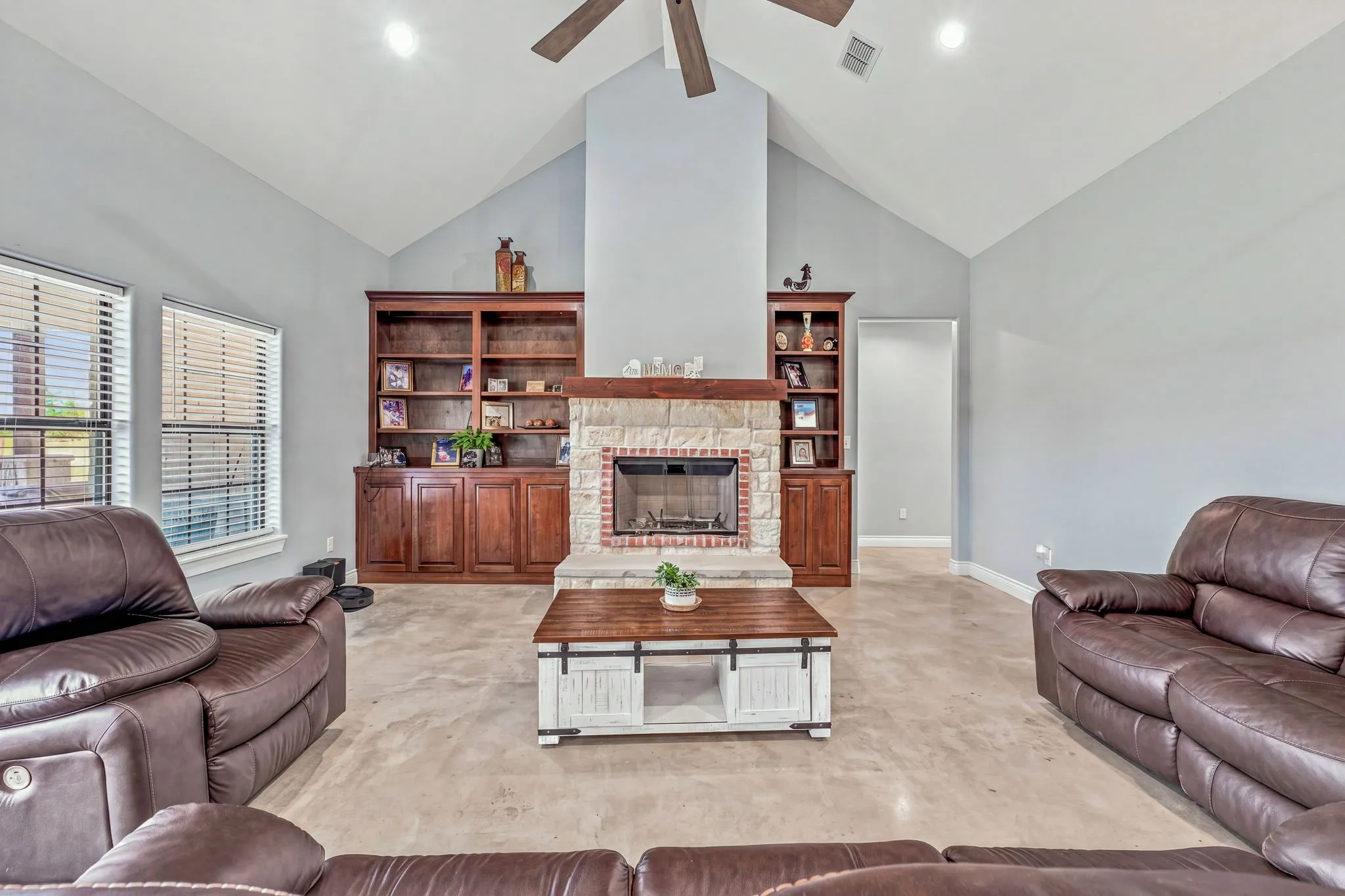 Vaulted ceiling with a wood-blade ceiling fan