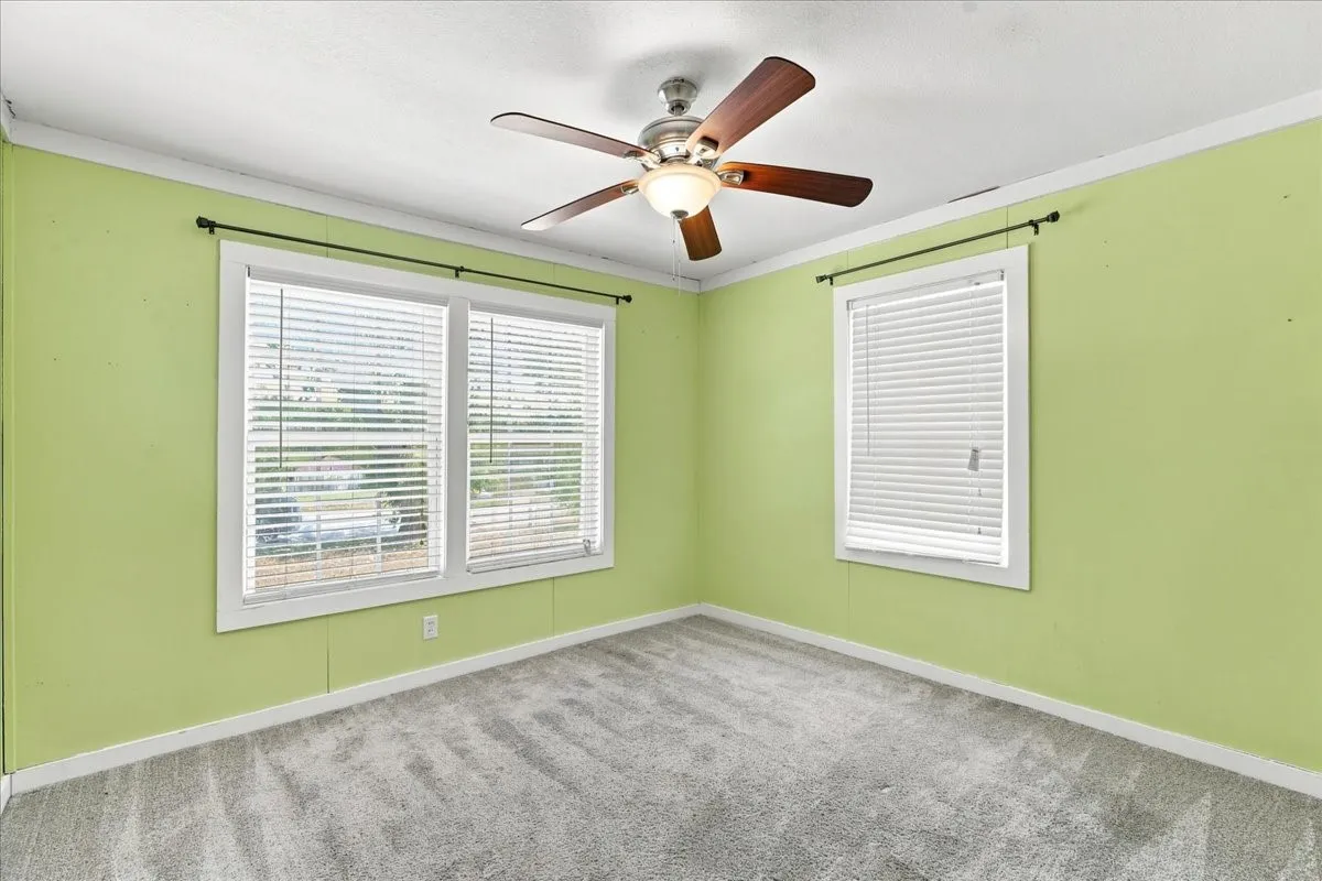 Room with light green walls and gray carpet flooring