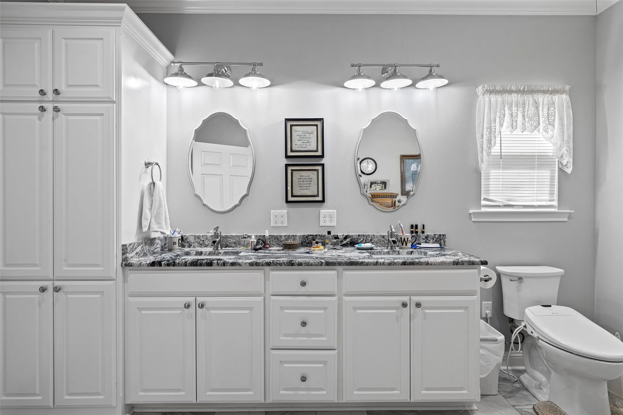 Bathroom featuring vanity, ornamental molding, and toilet