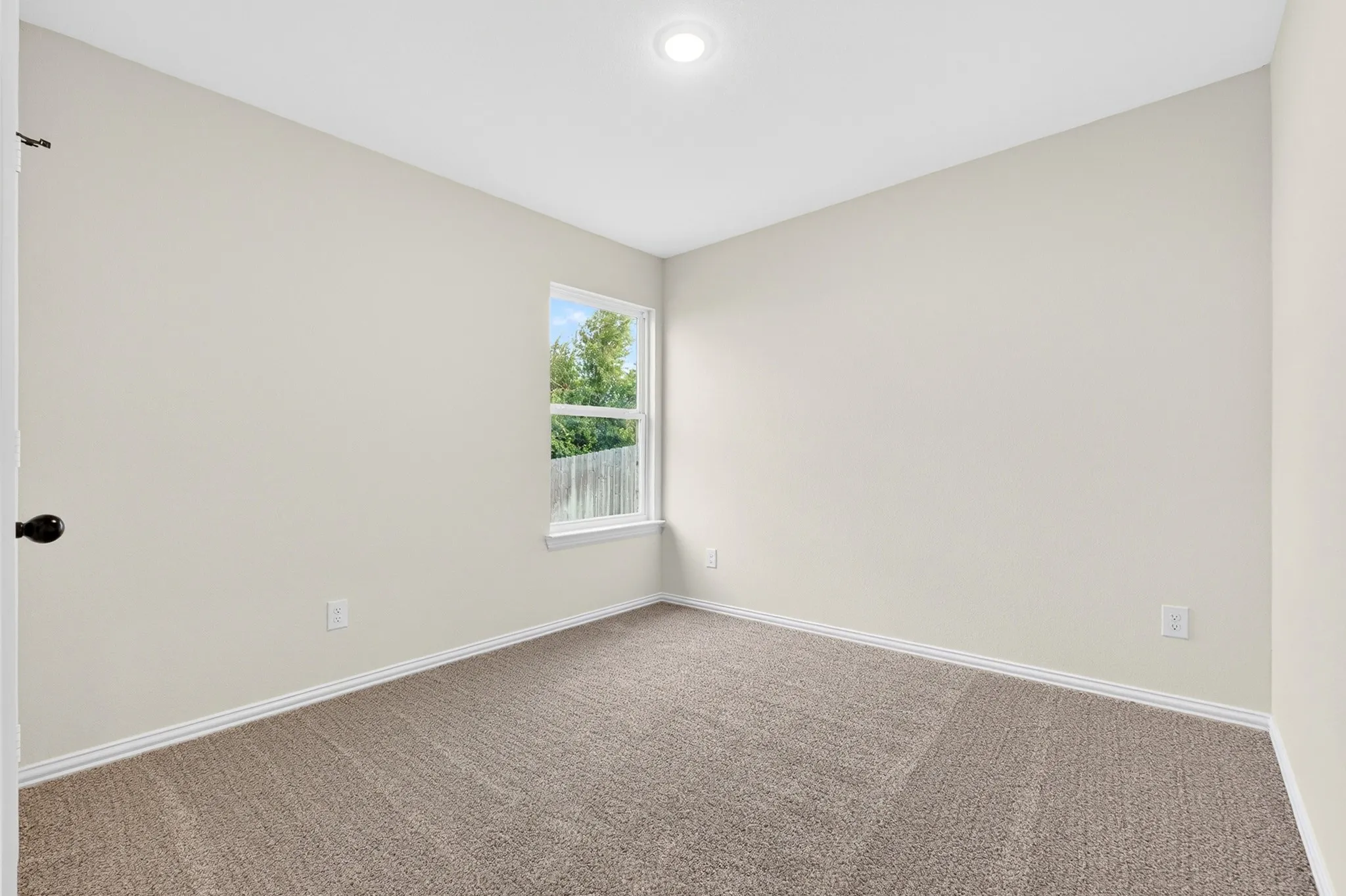 Neutral wall paint, carpet flooring, a single window, and an overhead light fixture