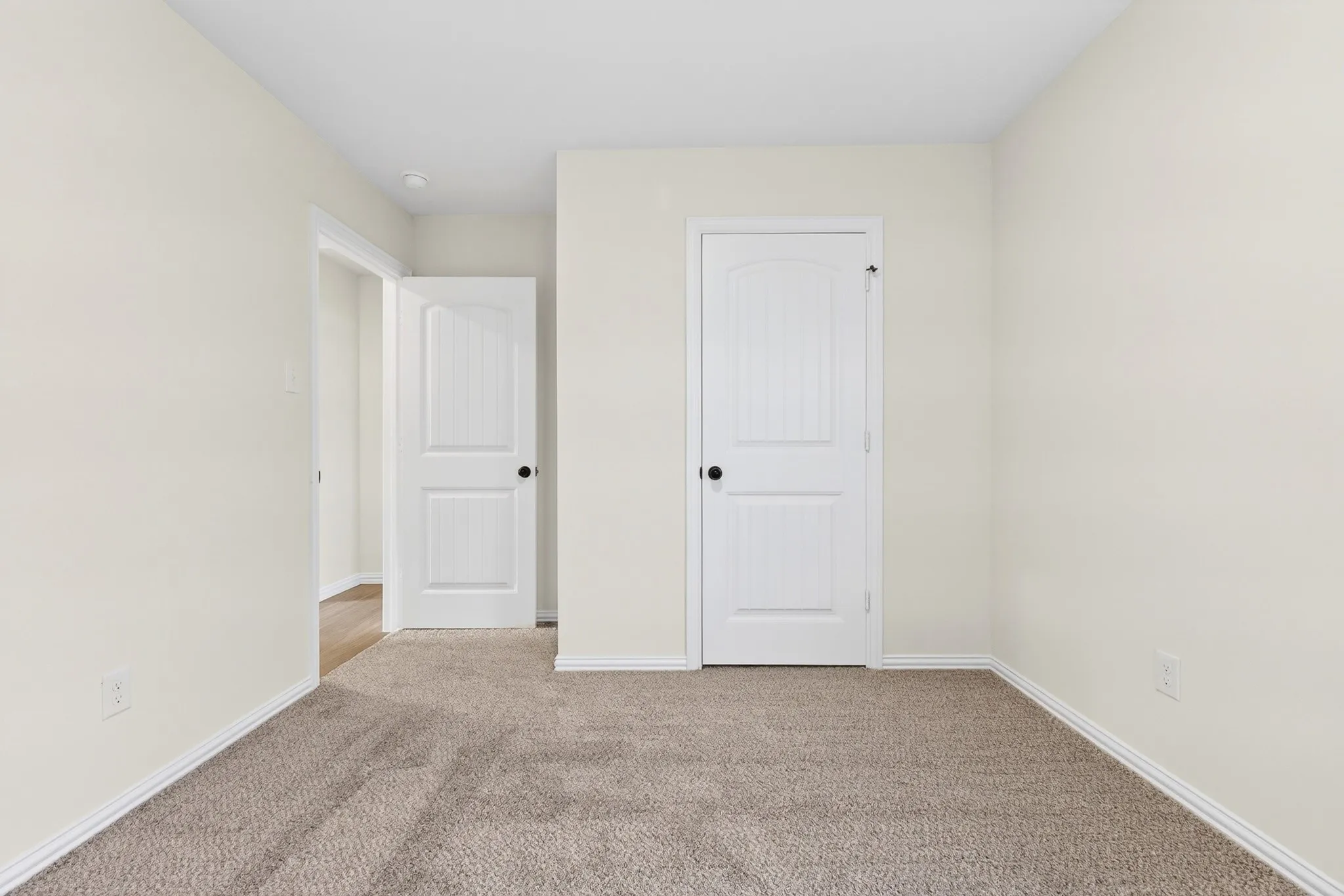 Neutral wall paint, carpet flooring, and white interior doors with dark hardware