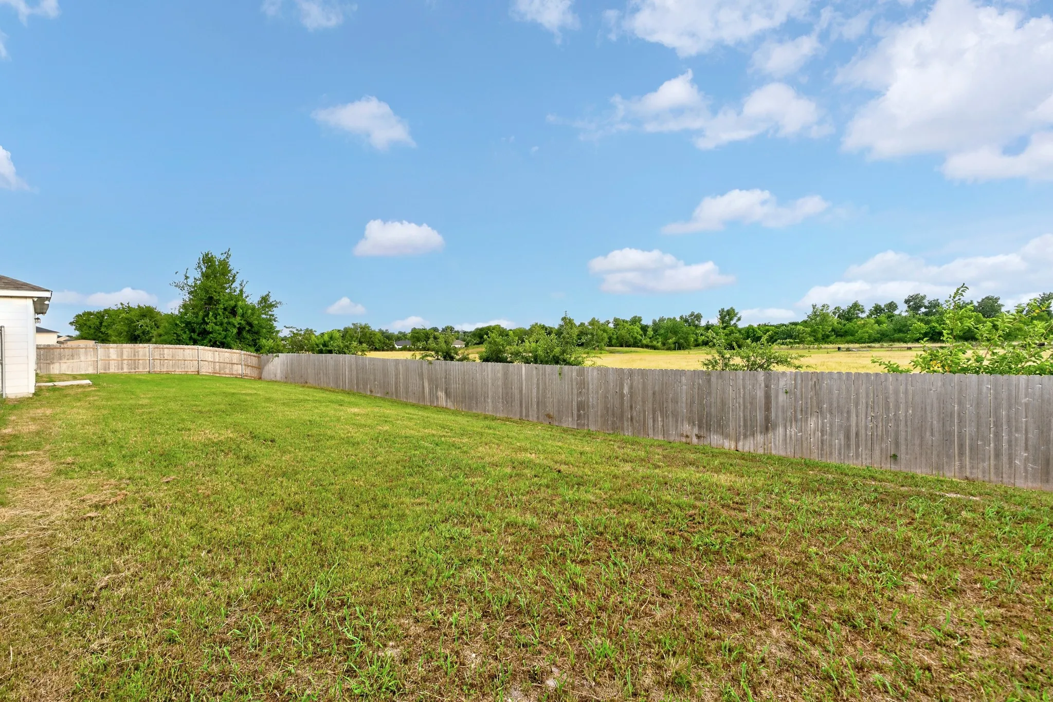 Expansive grassy yard with a full privacy fence