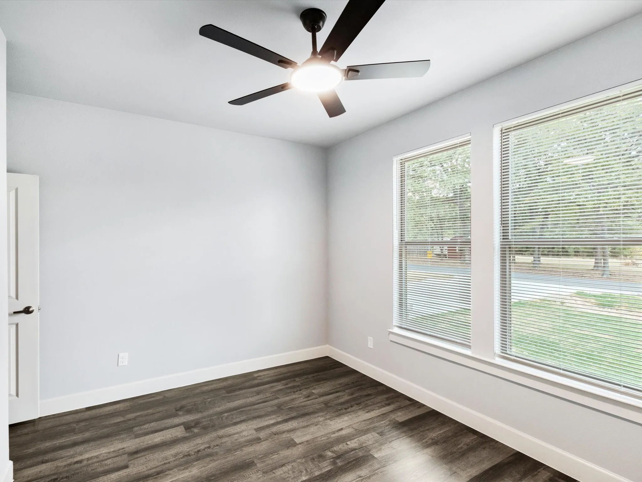 Wood-finish flooring with white trim