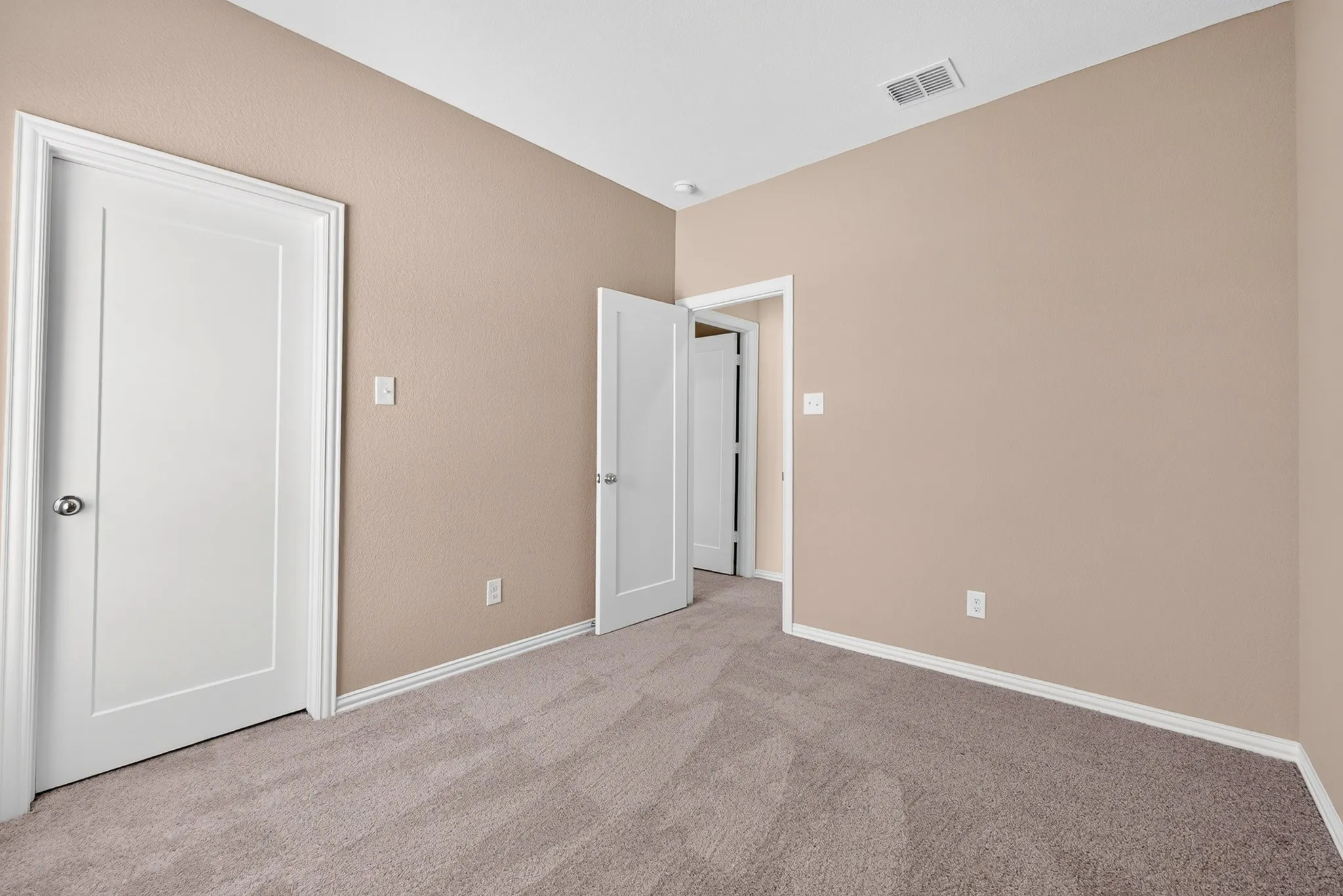 Spacious bedroom with neutral wall finishes, carpet flooring, and multiple entry points including a closet door and primary access door