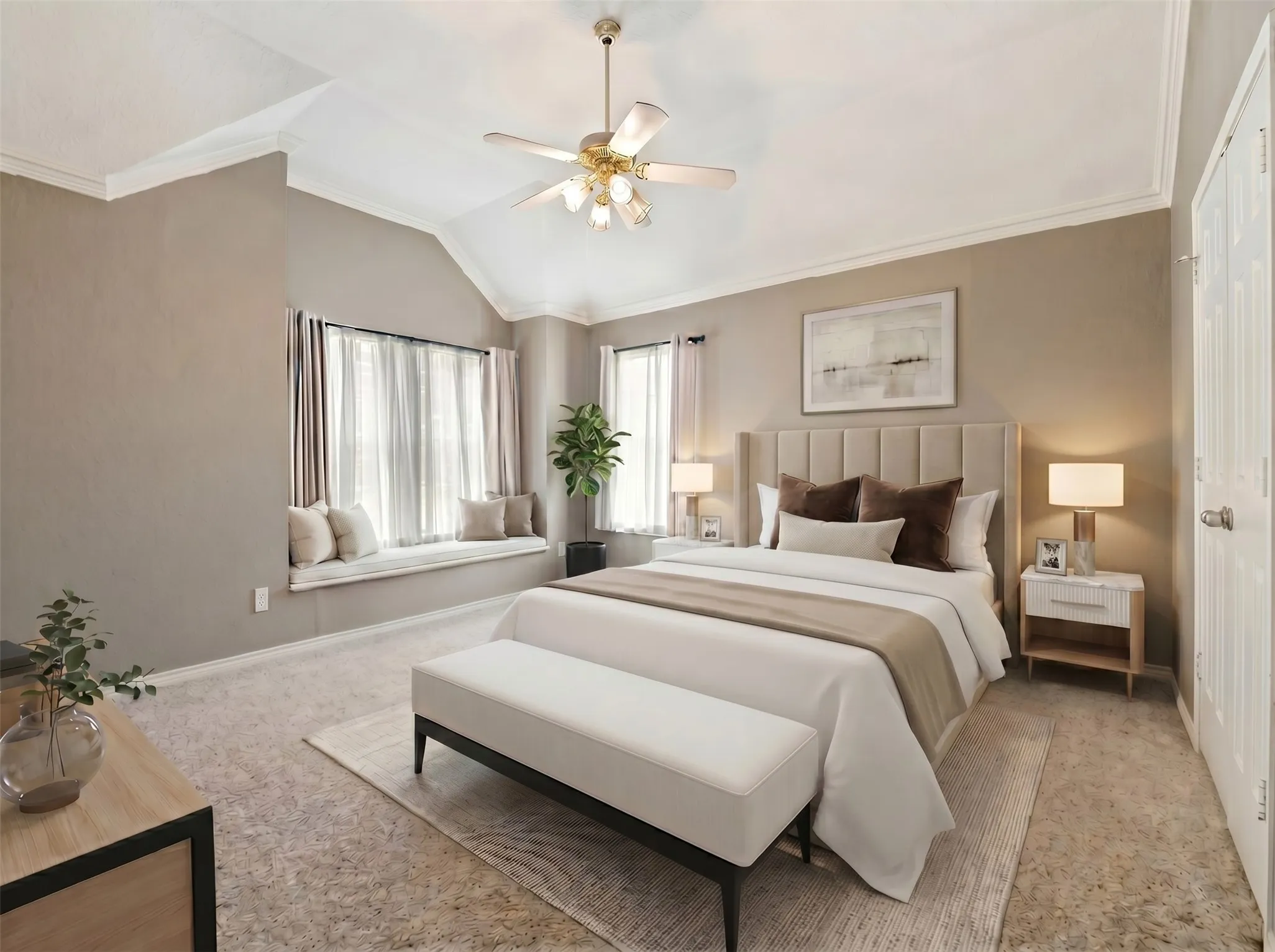 Primary bedroom upstairs. Virtually staged
