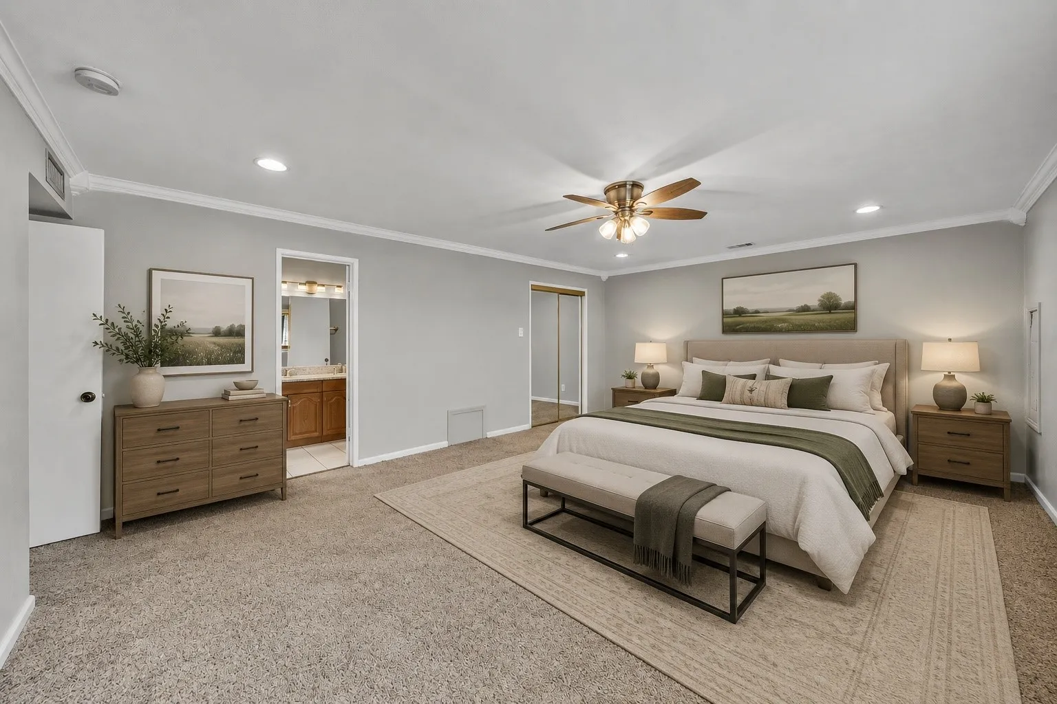 Recessed lighting, crown molding, and a ceiling fan with light kit
