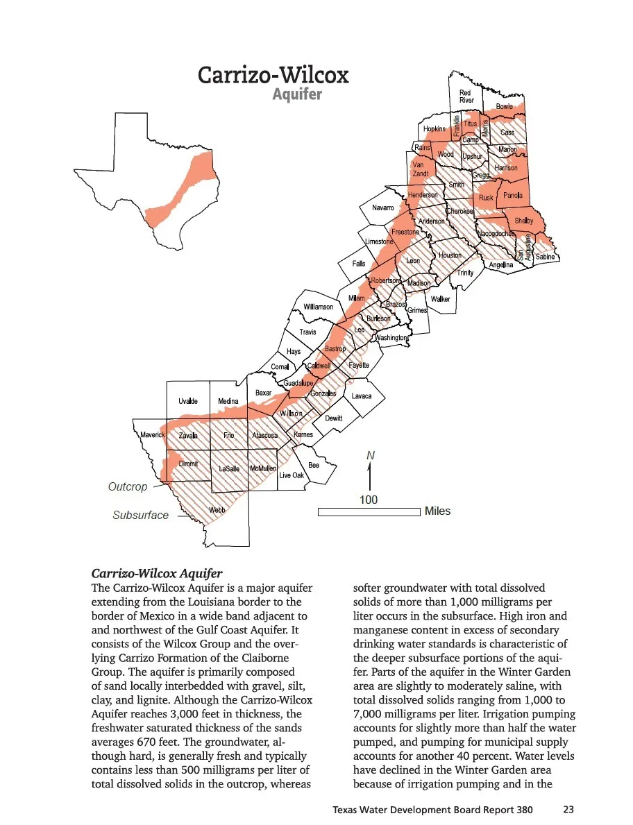 Geological Report, Aquifer Map and Description. Illustrating the Carrizo-Wilcox Aquifer's geographical extent and geological characteristics within the property area