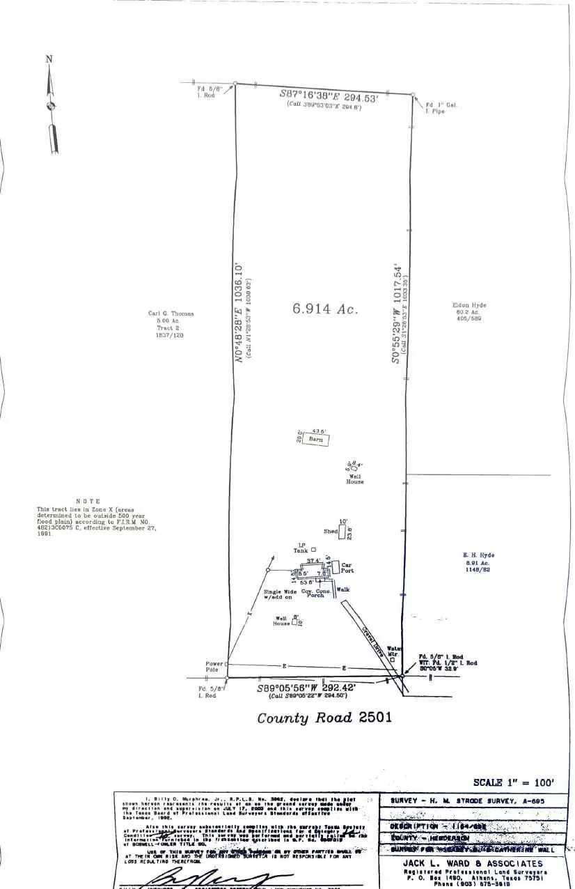 Survey Plat. Illustrating the property's boundaries, dimensions, and acreage, including a designated access point to County Road 2501