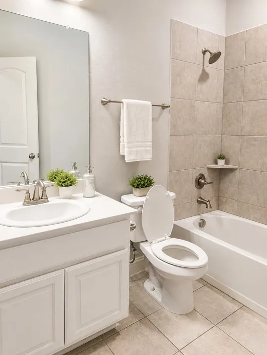 Bathroom featuring a white vanity with an integrated sink, brushed nickel faucet, a toilet, and a bathtub with tiled surround and an integrated shower