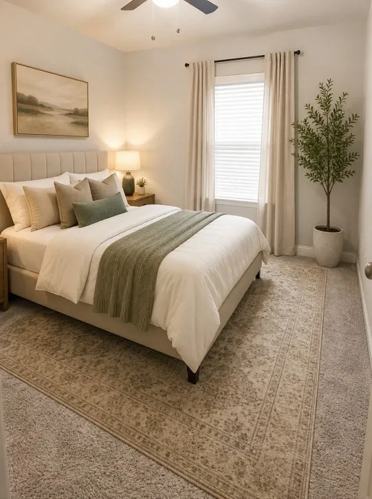Wall-to-wall carpeting with a ceiling fan and light fixture