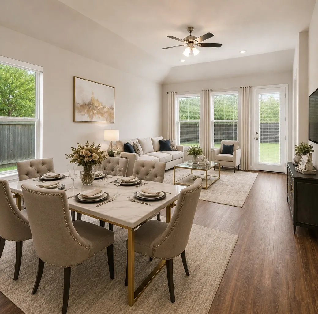 Vaulted ceiling with ceiling fan, wood-finish flooring, white walls, multiple windows, and a glass-paneled door leading to an outdoor space