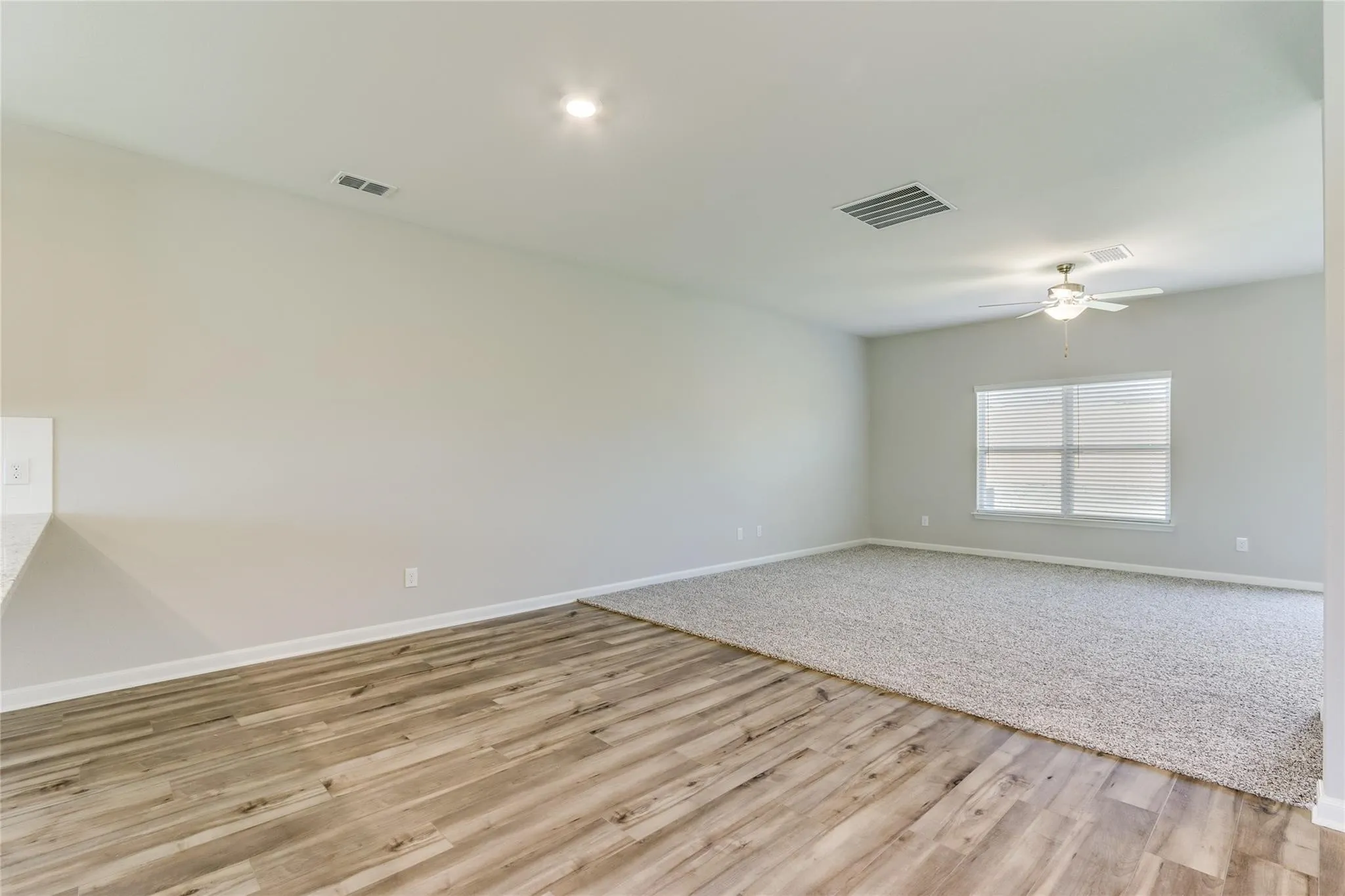 Expansive room featuring wood-finish flooring, plush carpeting, ceiling-mounted lighting, and a window with blinds