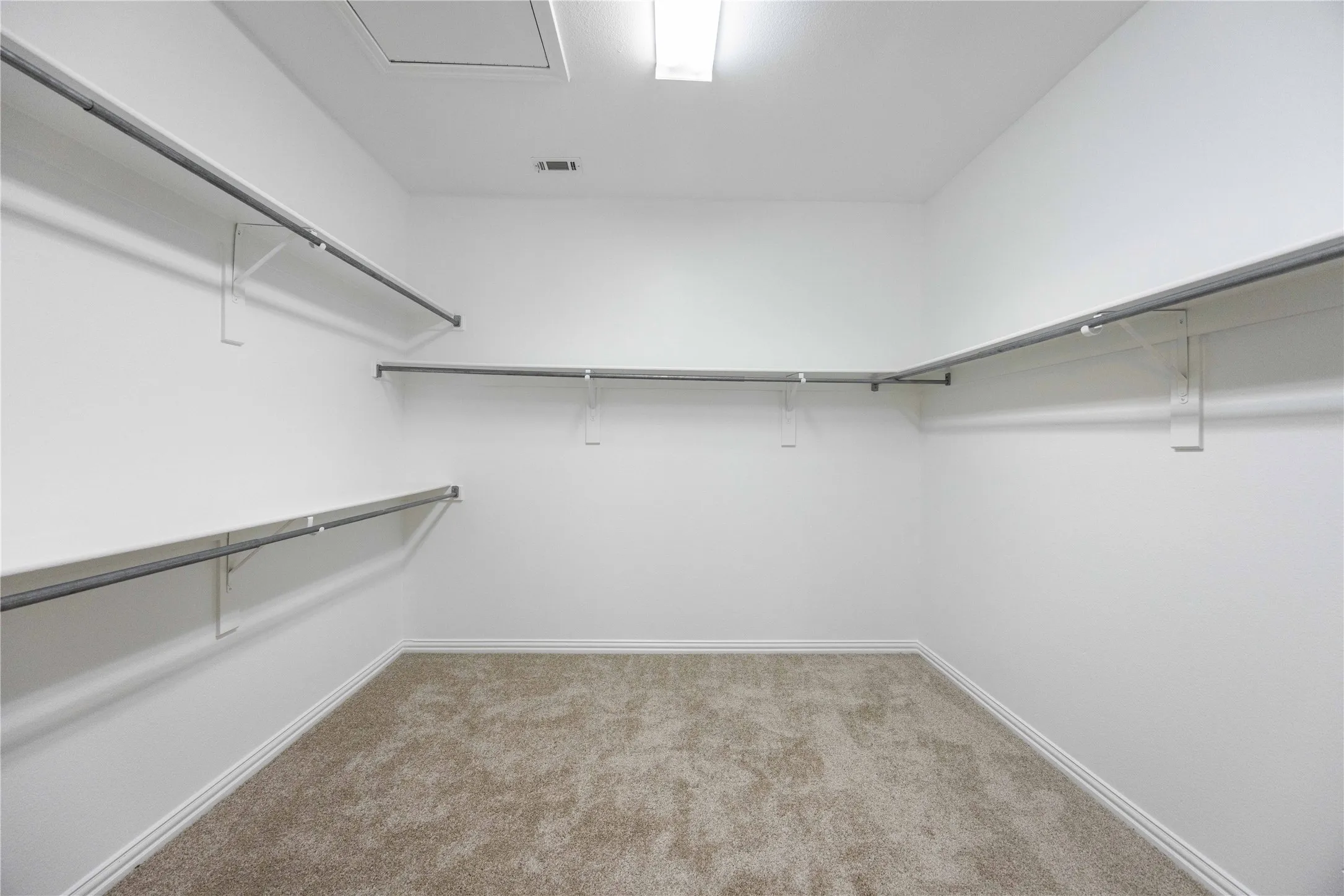 Spacious closet featuring wall-mounted garment rods, light-toned carpet, and white trim