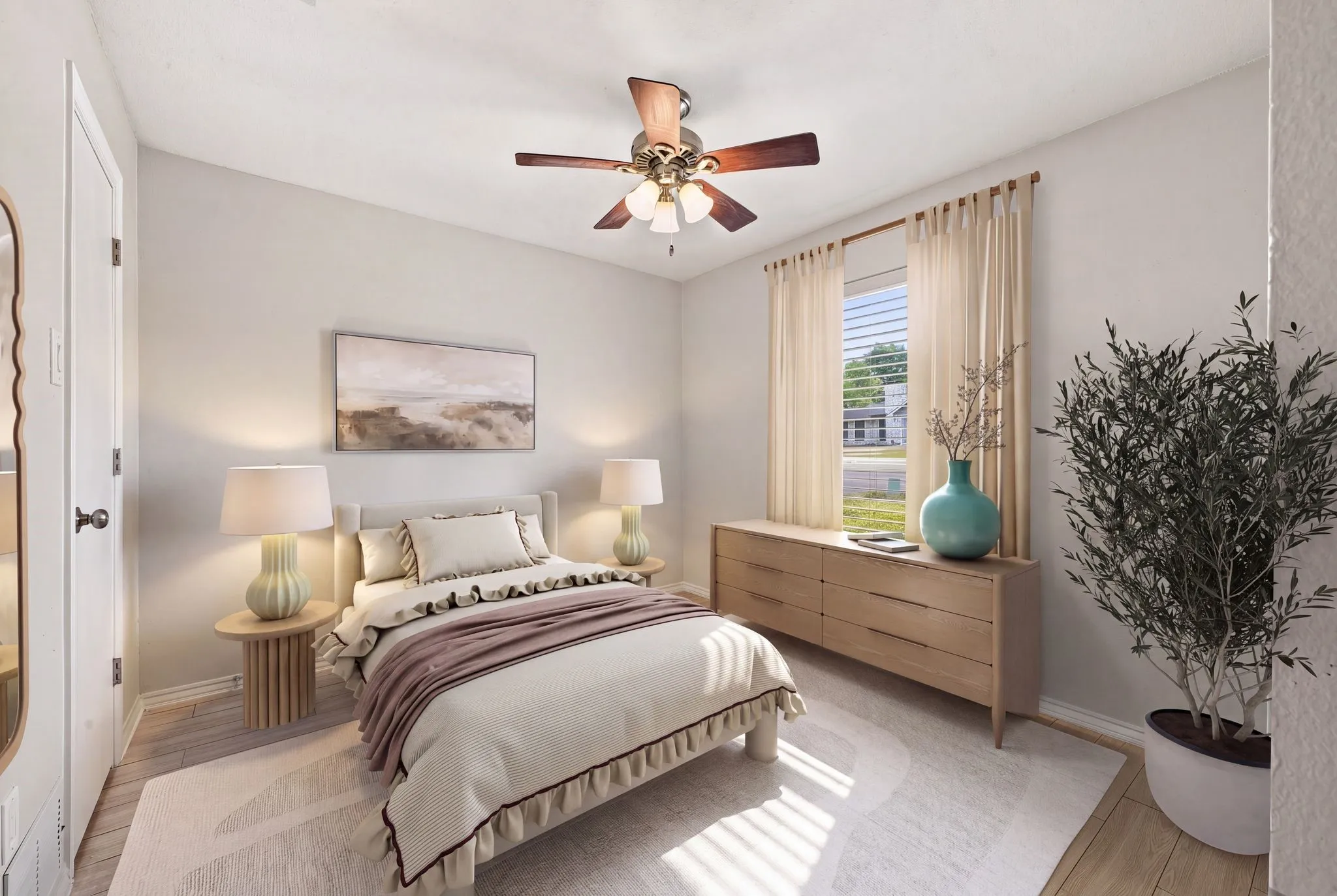 Recessed lighting, wood-finish flooring, ceiling fan, window with blinds, and white door