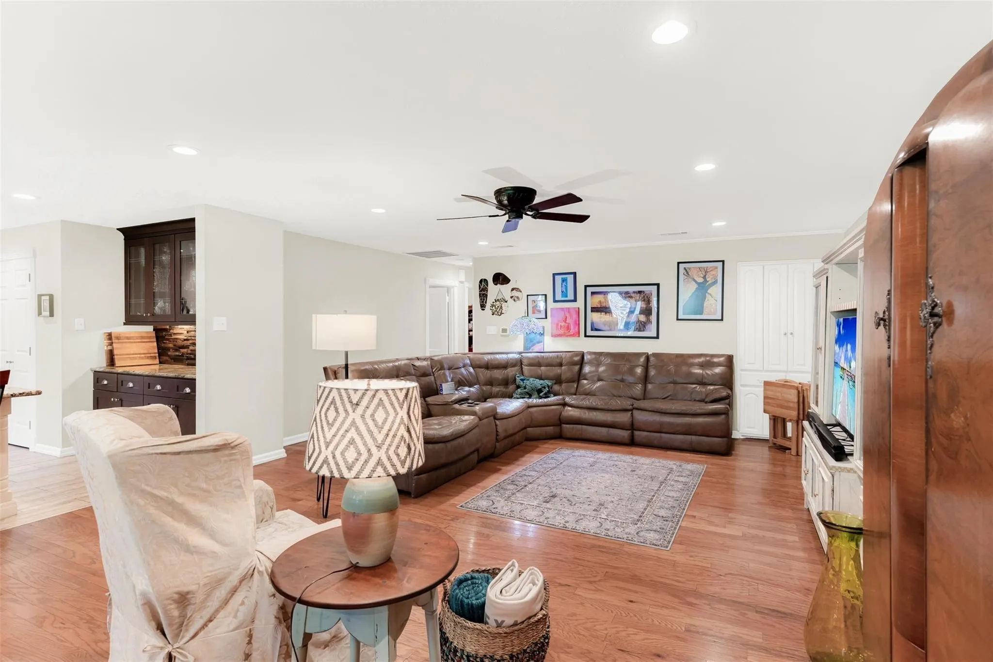 Hardwood flooring throughout the main living area