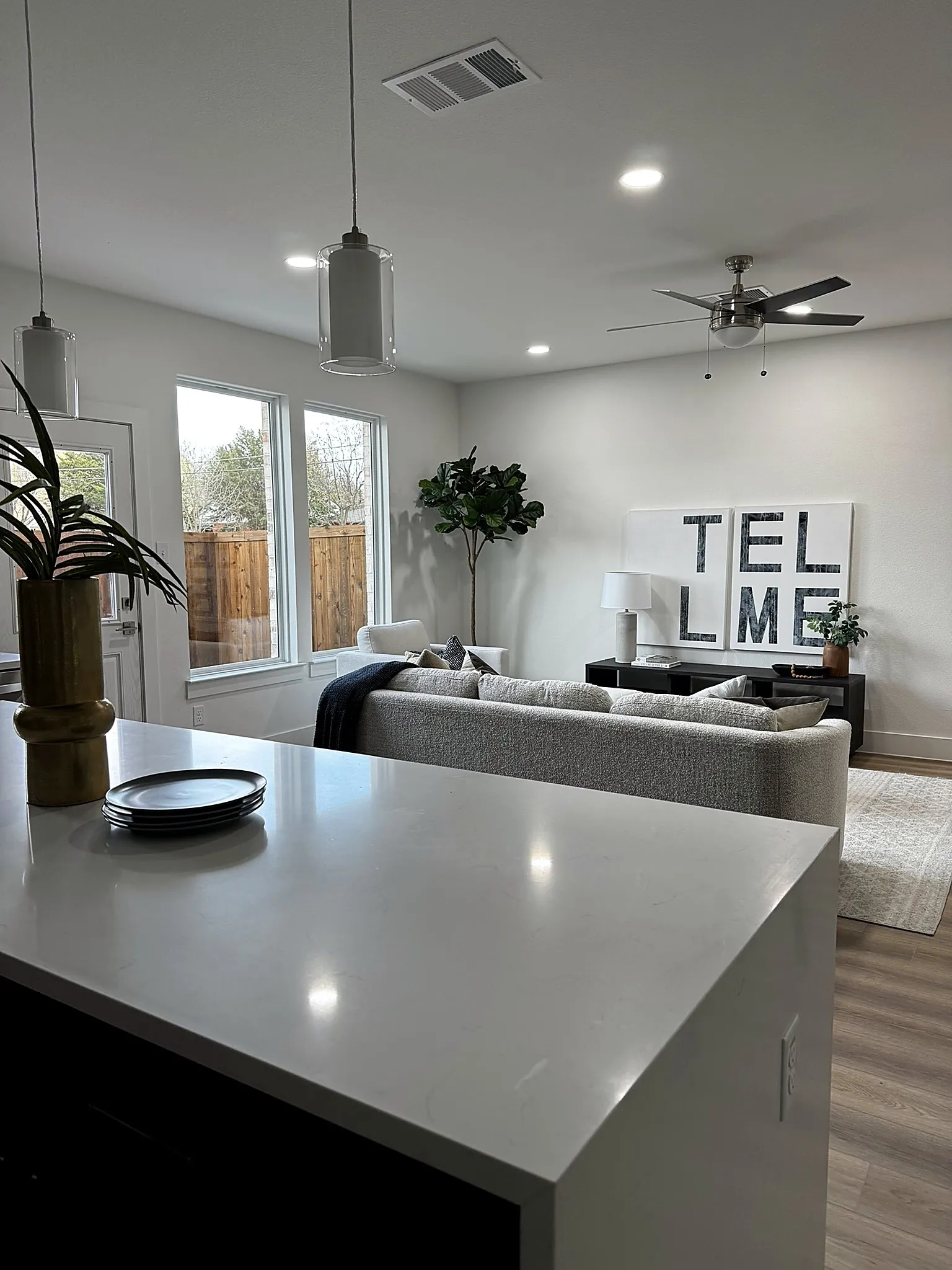 Spacious open-concept living area featuring recessed lighting, wood-finish flooring, and a ceiling fan