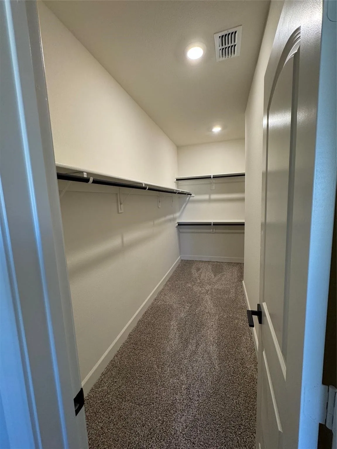 Spacious closet featuring dark colored carpet
