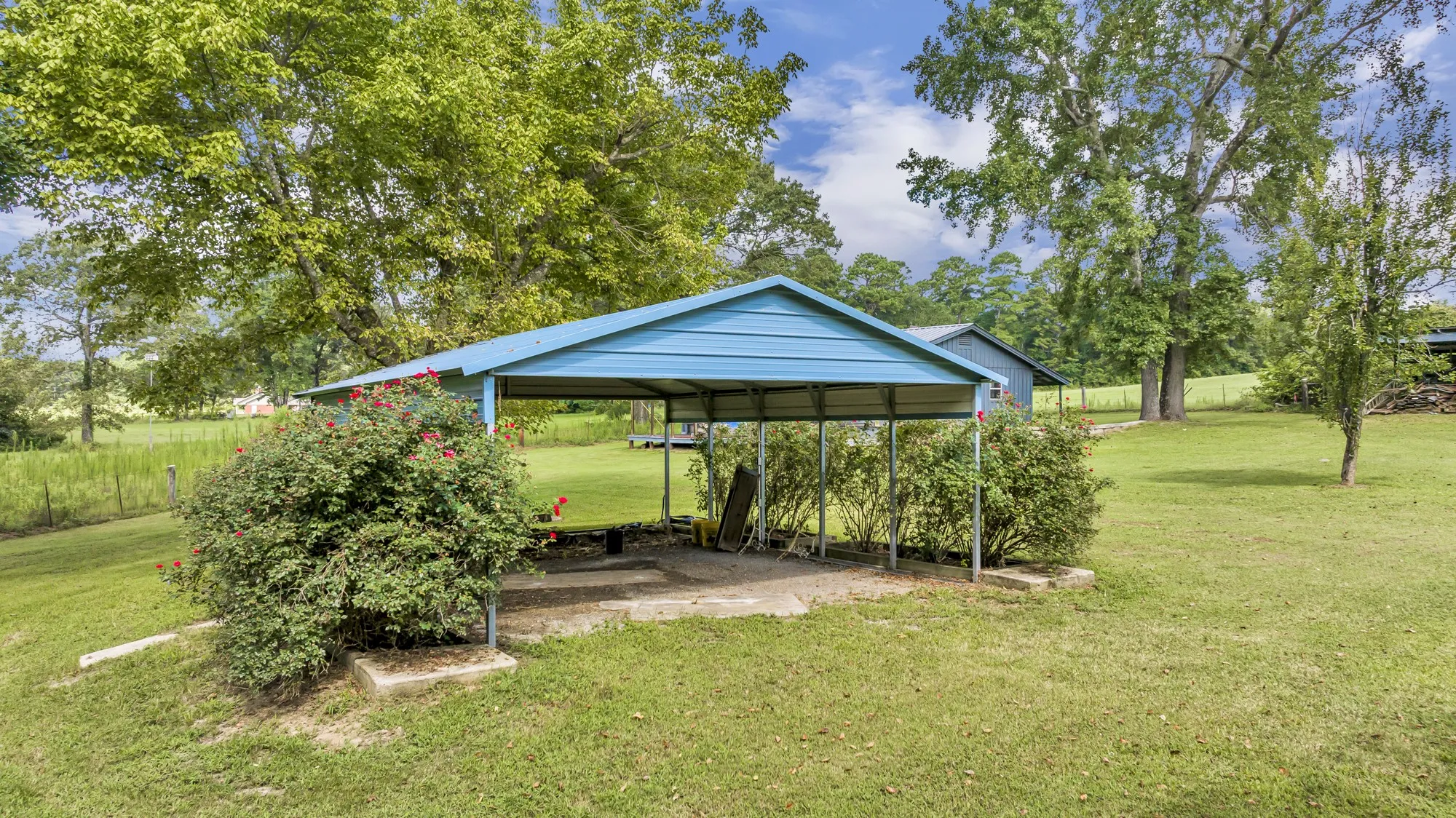 Carport structure with a blue metal roof, concrete pad, and surrounding greenery