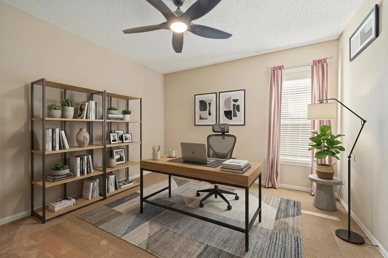 Recessed lighting, ceiling fan, window with blinds, and wall-to-wall carpeting