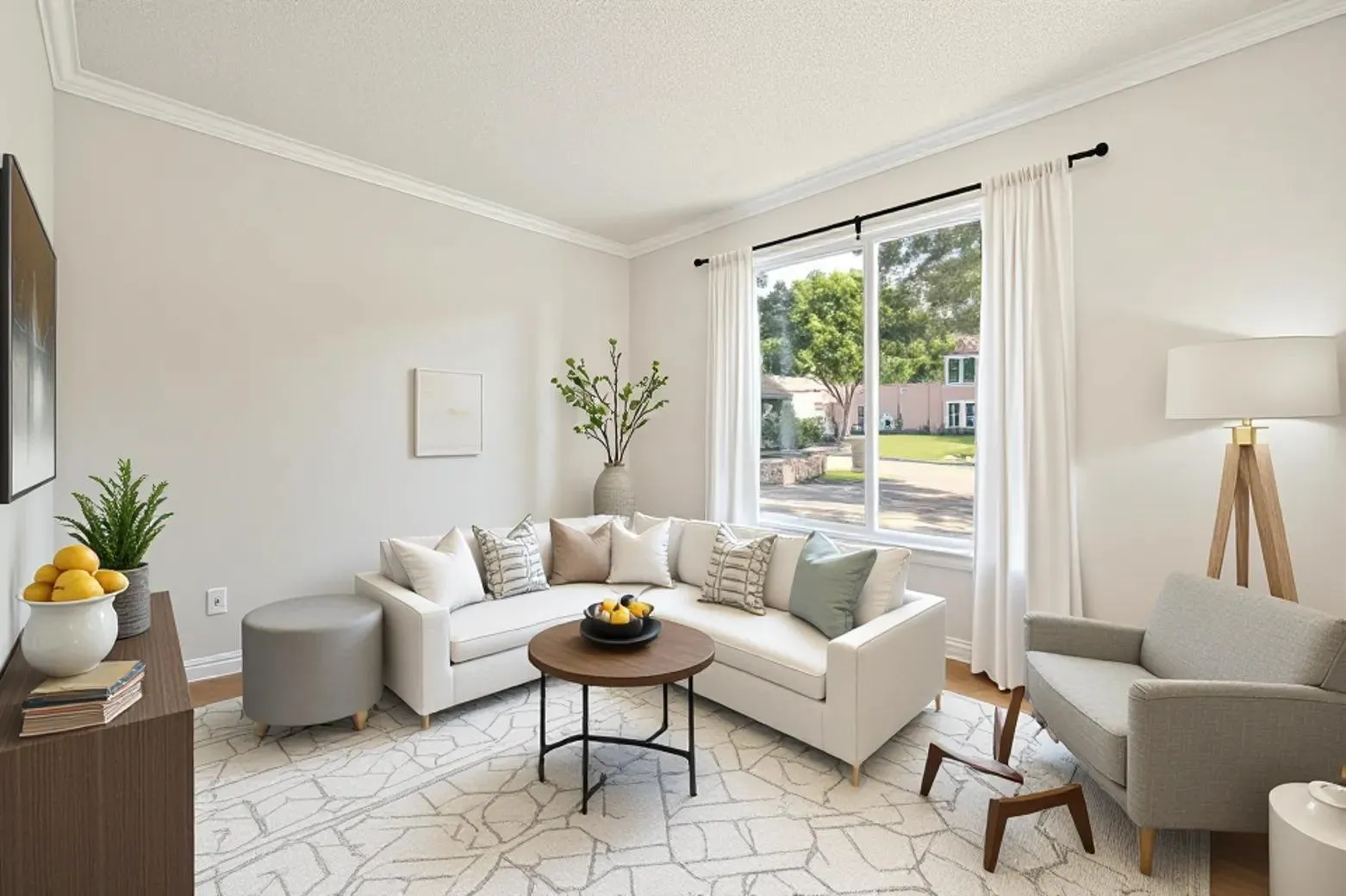 Crown molding details, large window with ample natural light, light-toned walls, wood-finish flooring, and recessed lighting