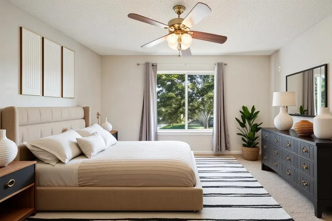 Recessed window with exterior views, ceiling fan with integrated lighting, wall-to-wall carpeting, and light-colored walls