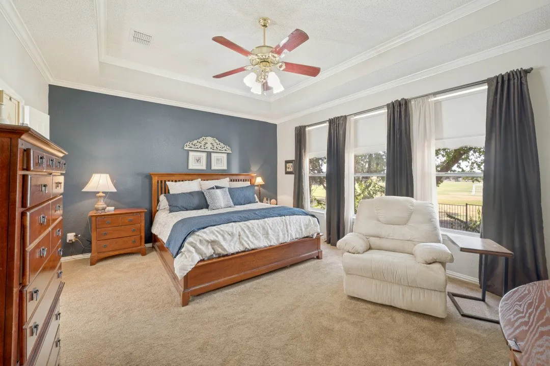 Tray ceiling with crown molding, ceiling fan, carpet flooring, and multiple windows