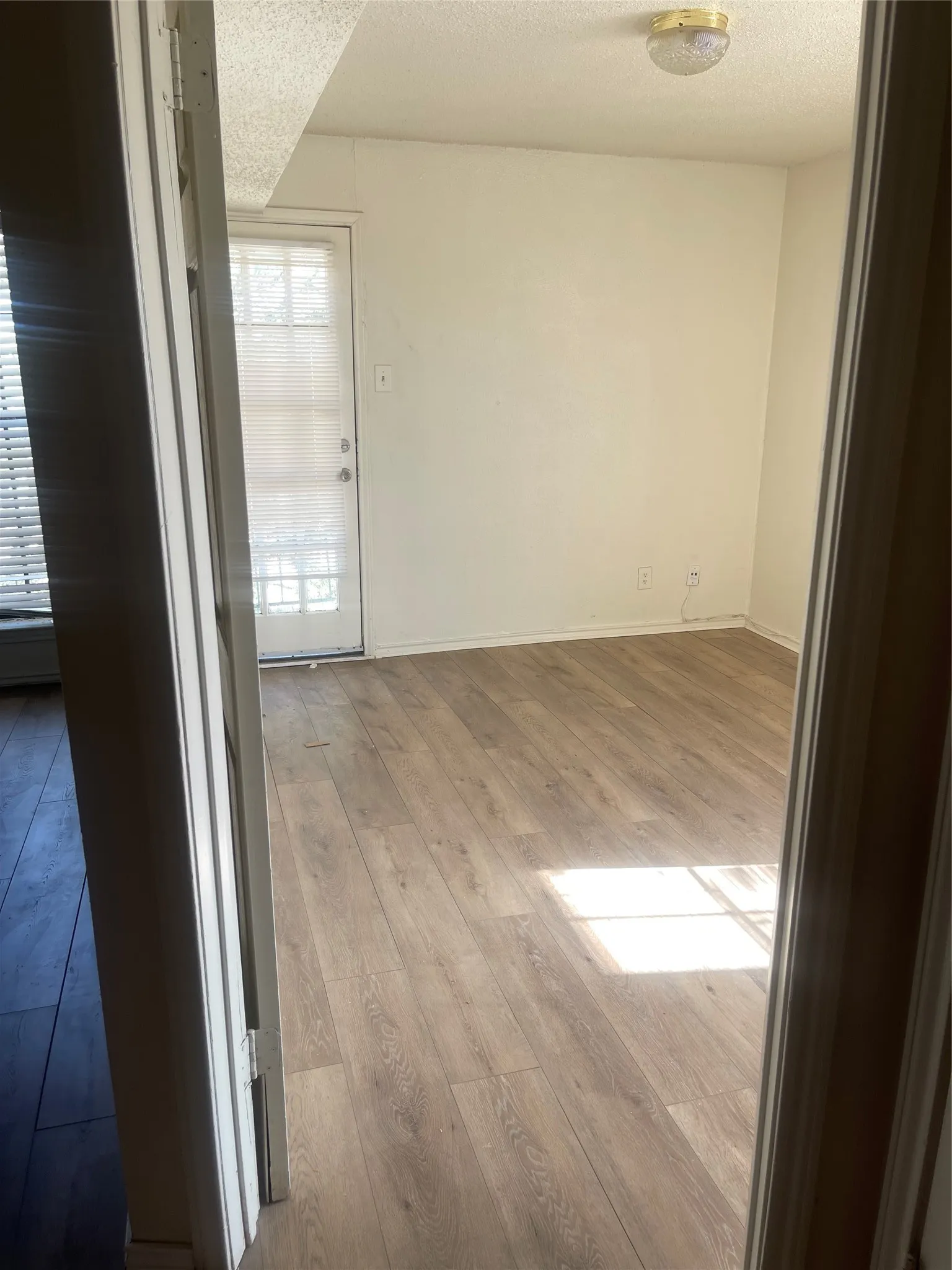 Wood-finish flooring throughout, neutral wall paint, and a white paneled door with louvered blinds