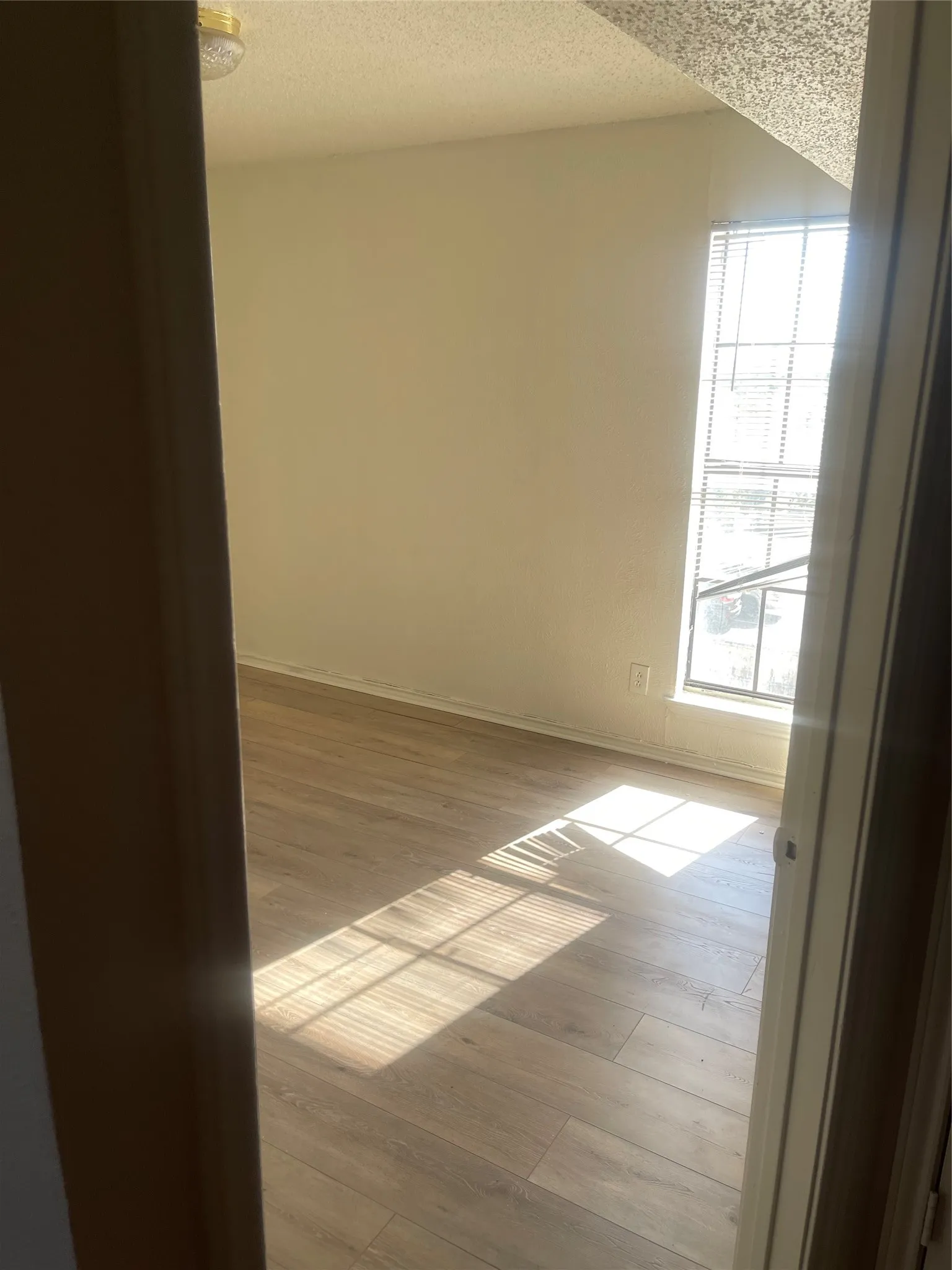 Wood-finish plank flooring, neutral wall tones, and a window with blinds