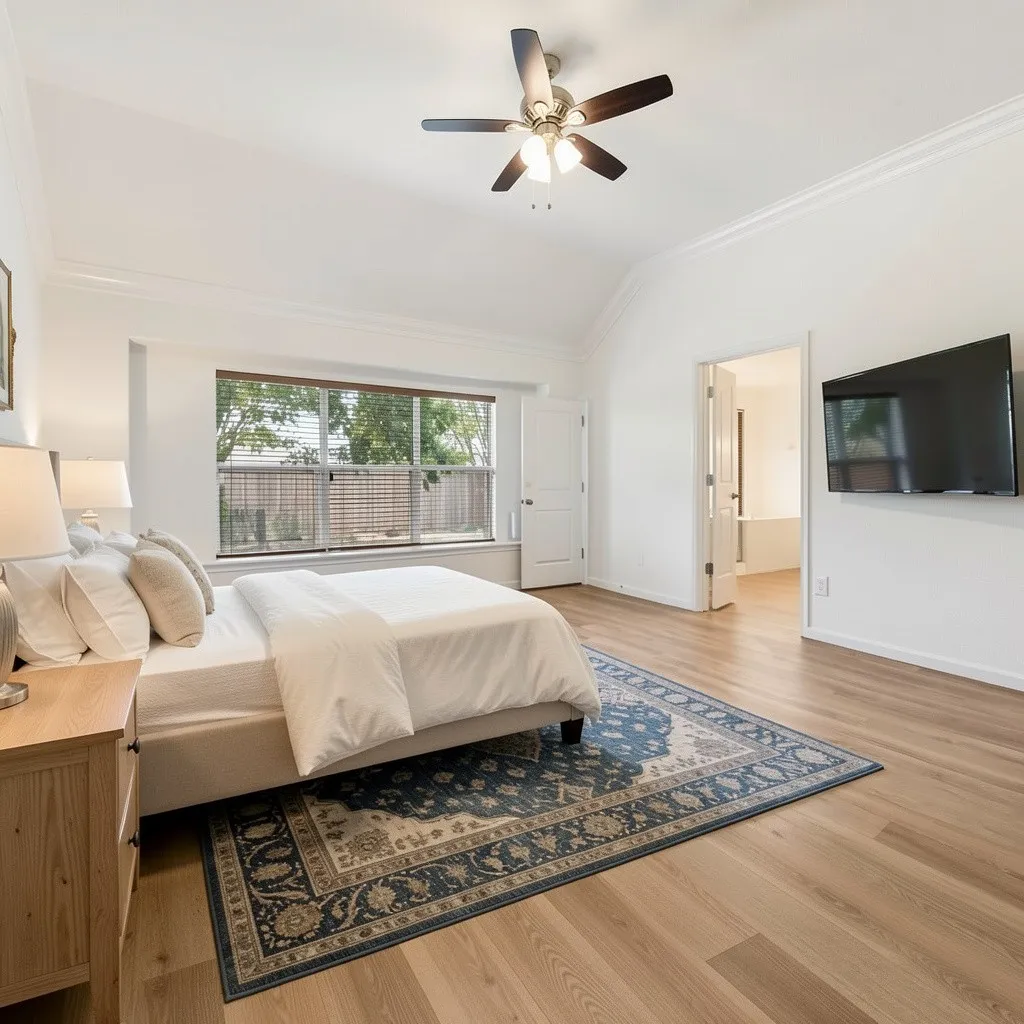 Lots of natural light along with freshly painted walls and new luxury vinyl plank flooring in master bedroom of 10232 Ash Creek Lane listed by Seth Fowler of Williams Trew Real Estate