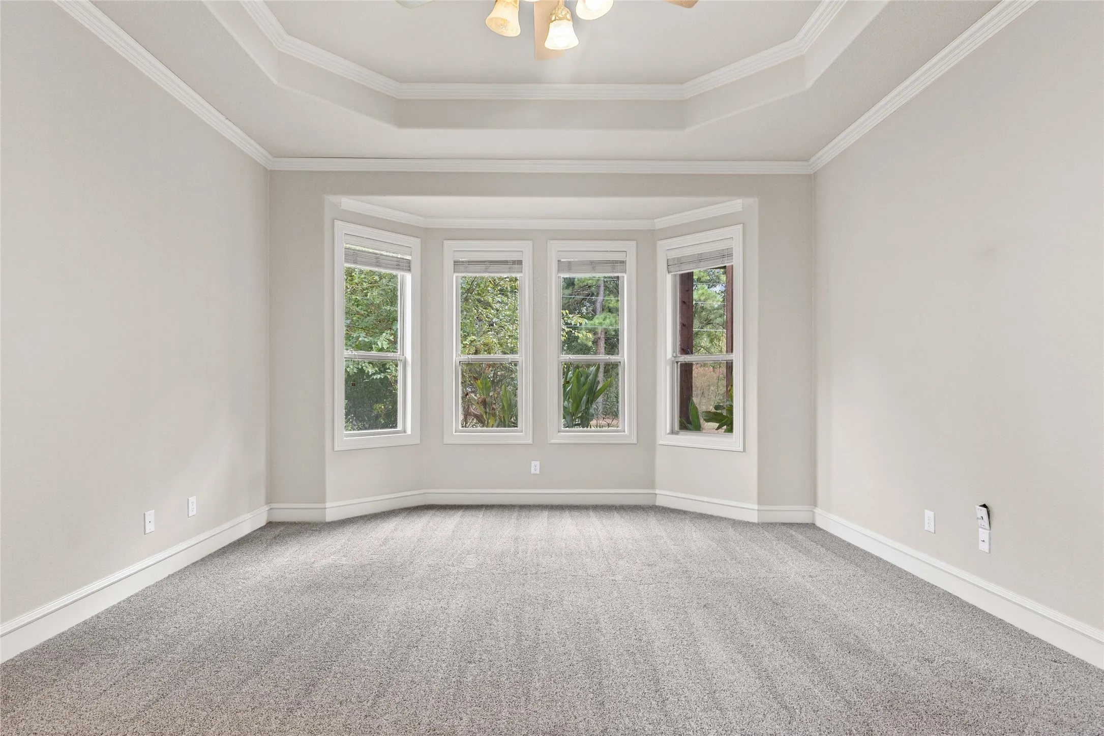 Recessed ceiling with crown molding and a bay window featuring four individual windowpanes