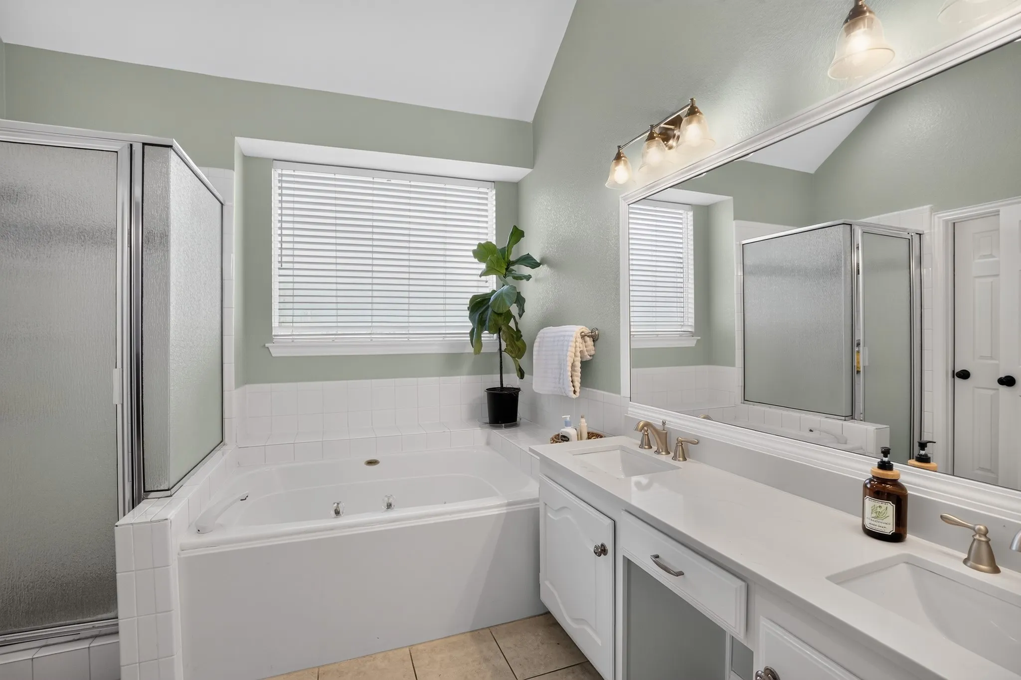 Primary bathroom downstairs with a walk-in closet