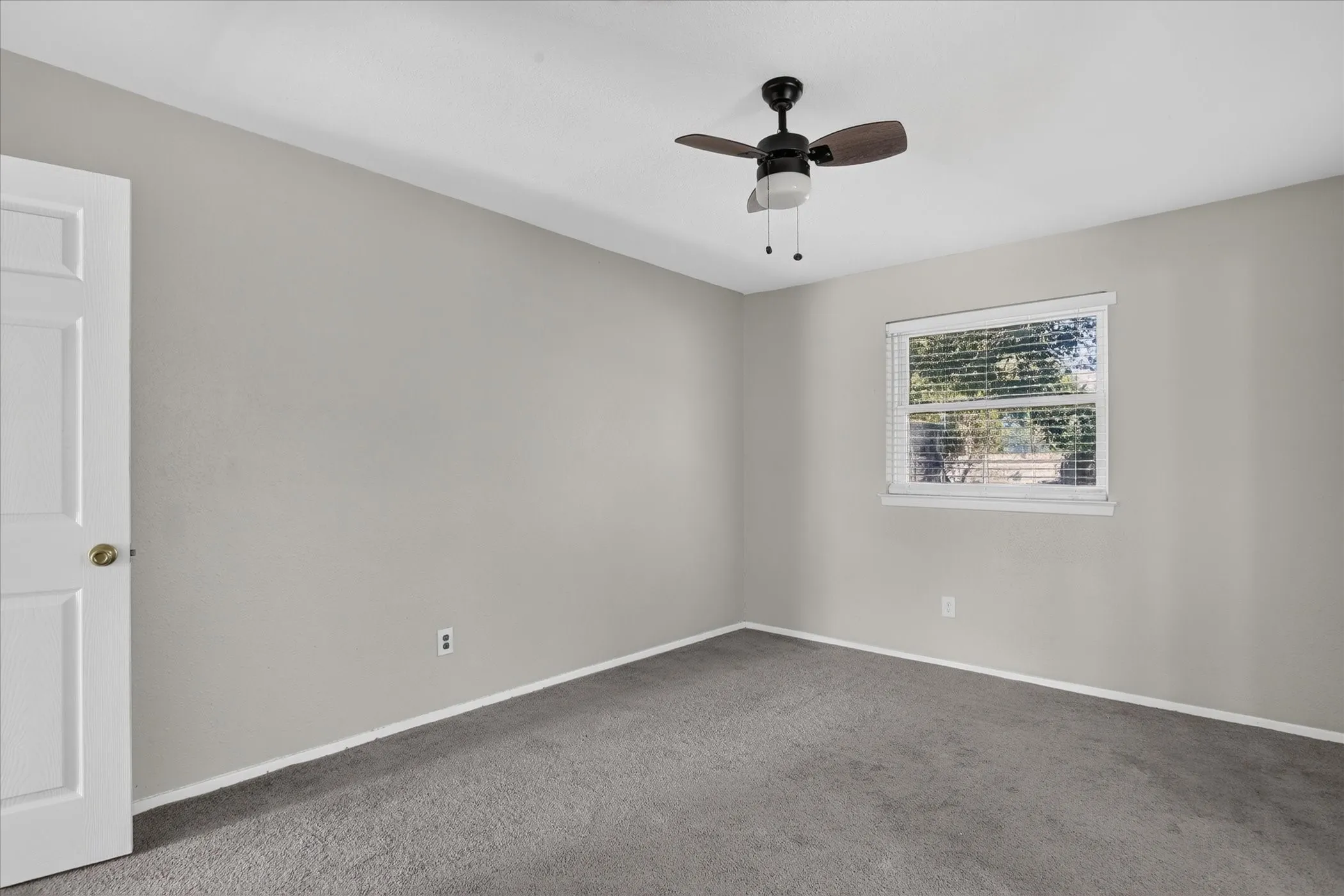 Light gray wall paint, gray carpeting, white trim, white door, and a ceiling fan with light fixture