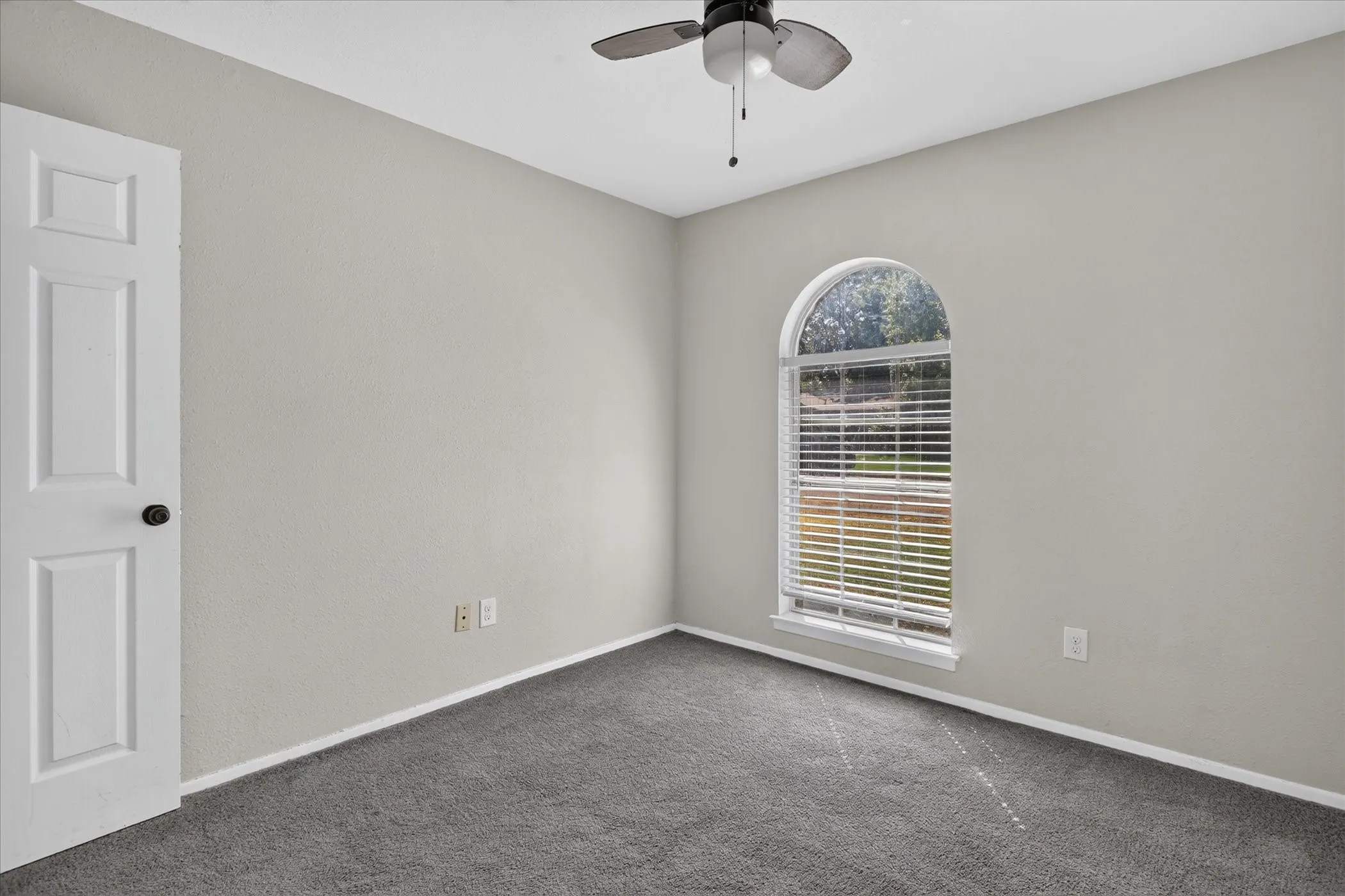 Neutral-toned walls, grey carpeting, ceiling fan, white paneled door, and wood-finish flooring visible through the doorway