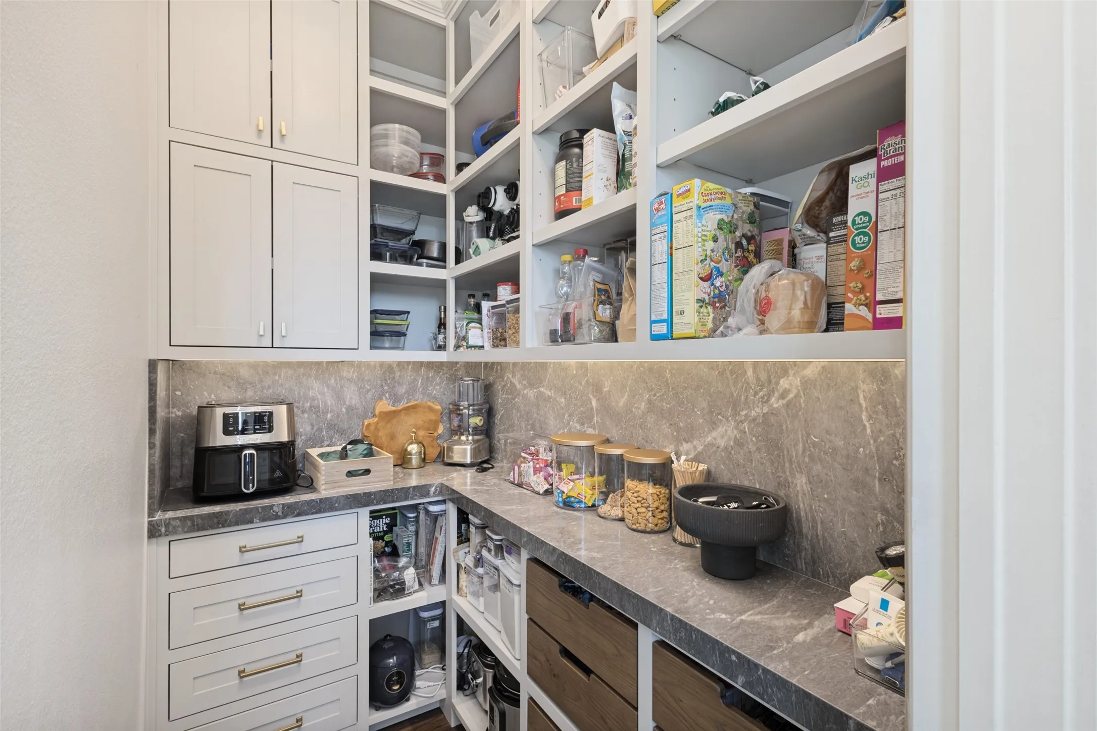 Custom pantry featuring extensive shelving, built-in cabinetry, durable countertops, integrated drawers, and a fluted wall panel