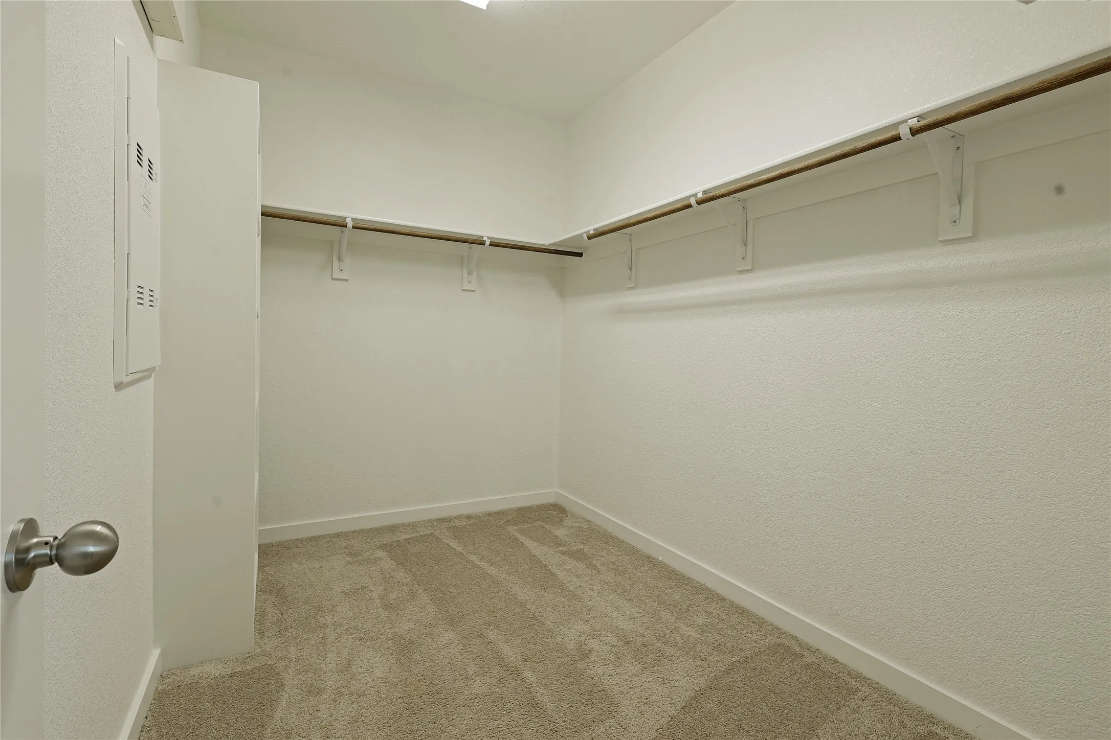 Walk-in closet featuring an integrated hanging rod system and neutral-toned carpeting
