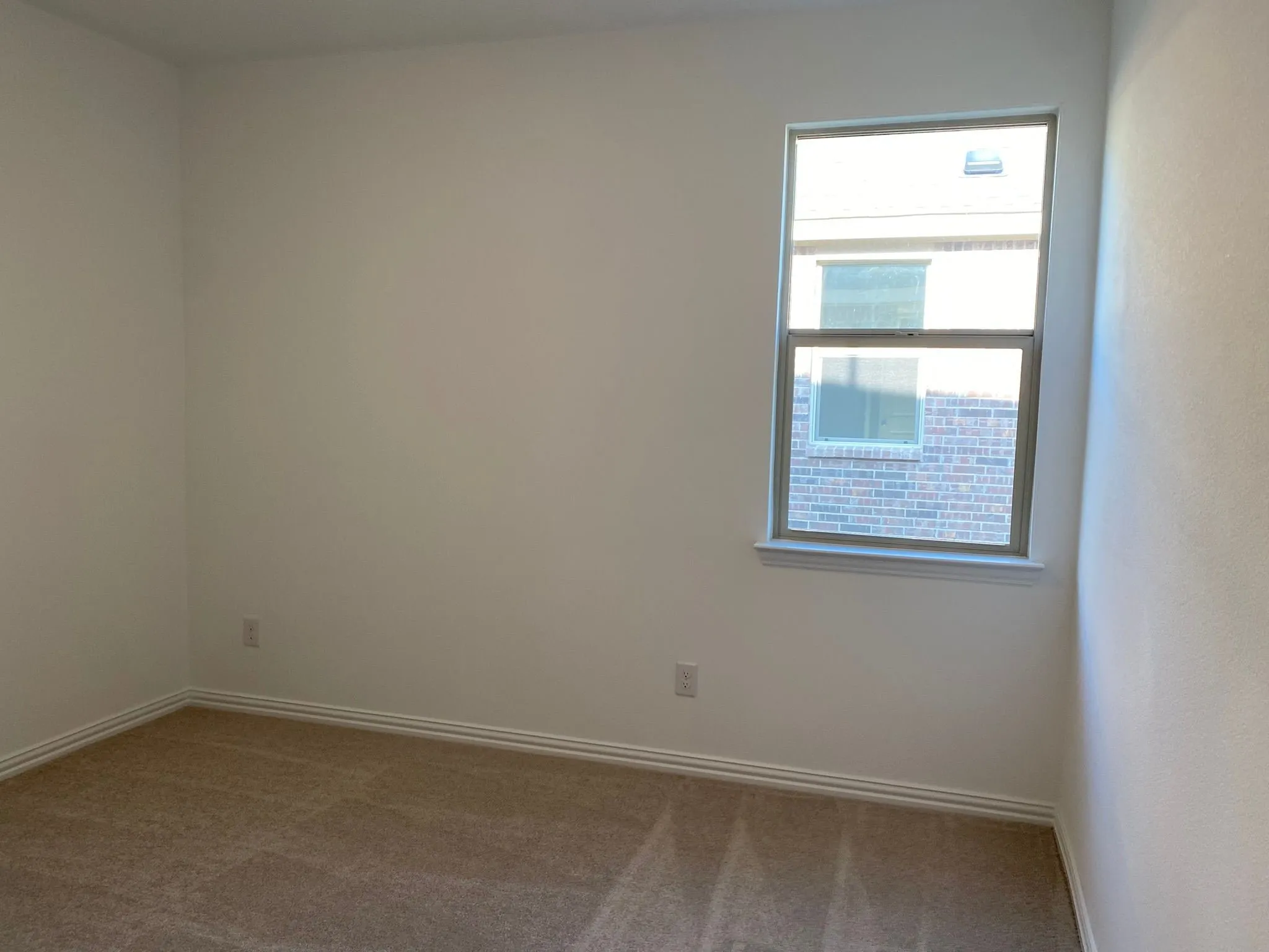 Neutral tone wall finishes, carpeting, and a window with white trim